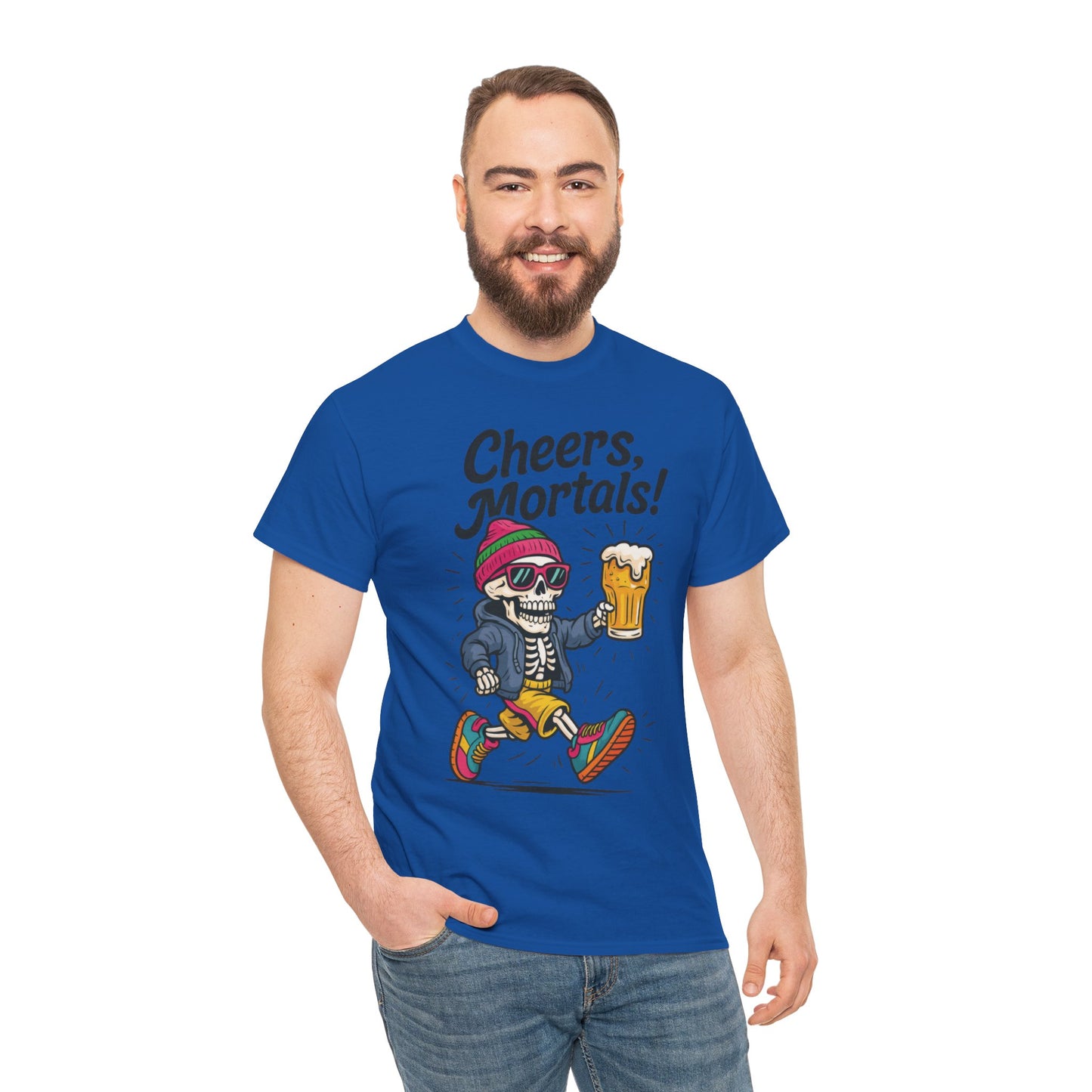 Cheers, Mortals! Mens Tee, Funny Skeleton Beer Graphic Tee, Cool Drinking Humor Shirt, Party Gift for Him, Halloween Tee, Beer Lovers Gift
