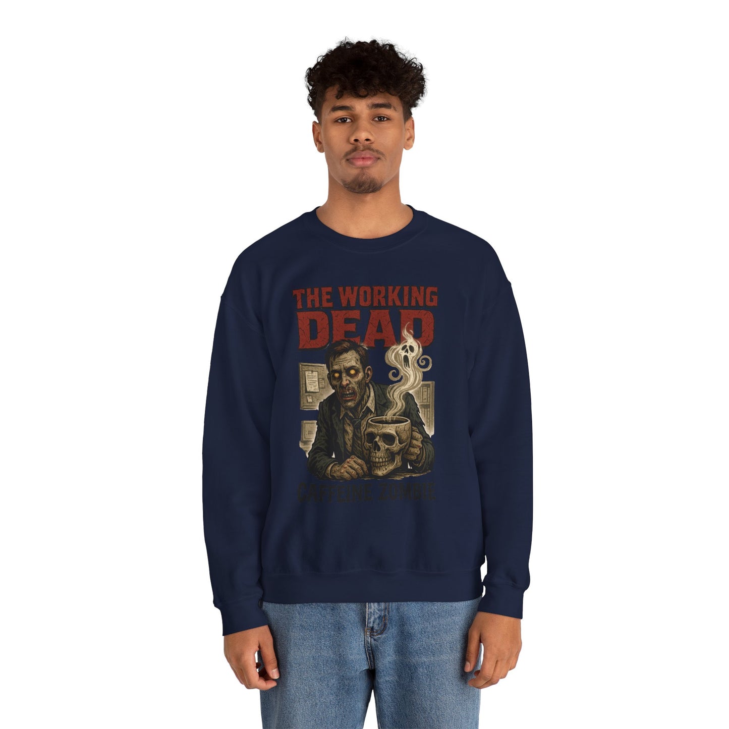 The Working Dead Men's Funny Zombie Sweatshirt, Office Humor Crewneck, Halloween Zombie Top, Coffee Zombie Sweatshirt