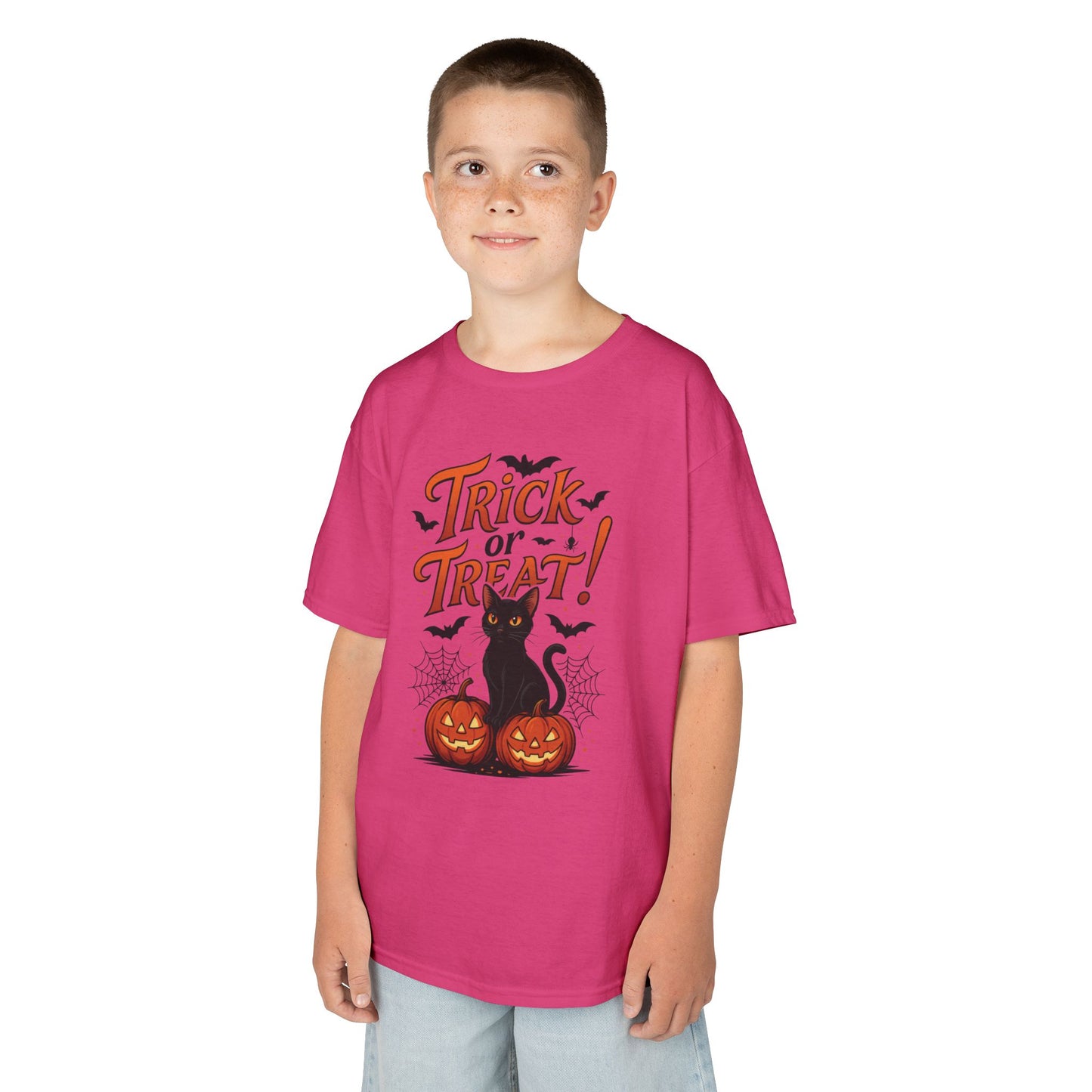 Cute Trick or Treat Black Cat T-Shirt for Girls Boys, Fun Spooky Halloween Tee, Pumpkin Cat Shirt for Kids, Fall Party Outfit