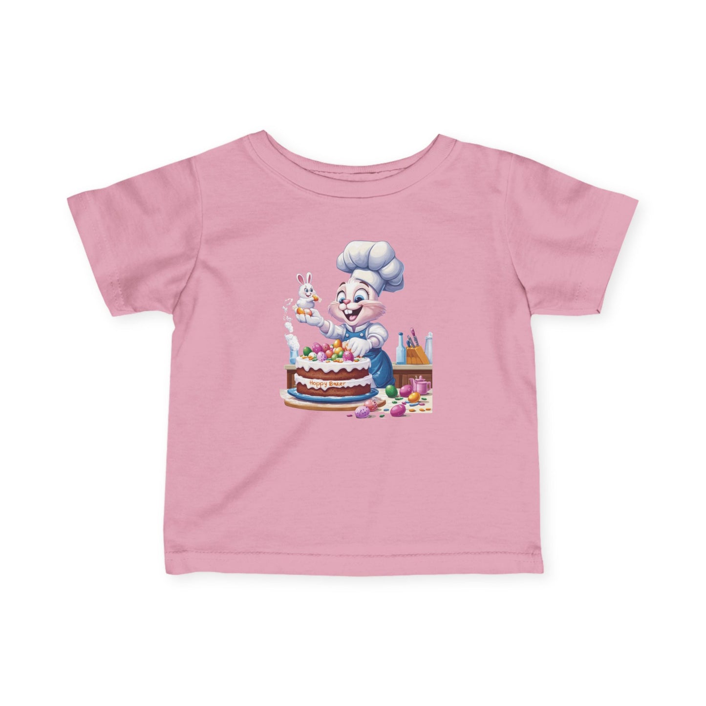 Hoppy Baker Easter Bunny Baby T-Shirt - Cute Infant Tee with Chef Bunny and Cake, Fun Spring Outfit for Babies, Easter Toddler Tee