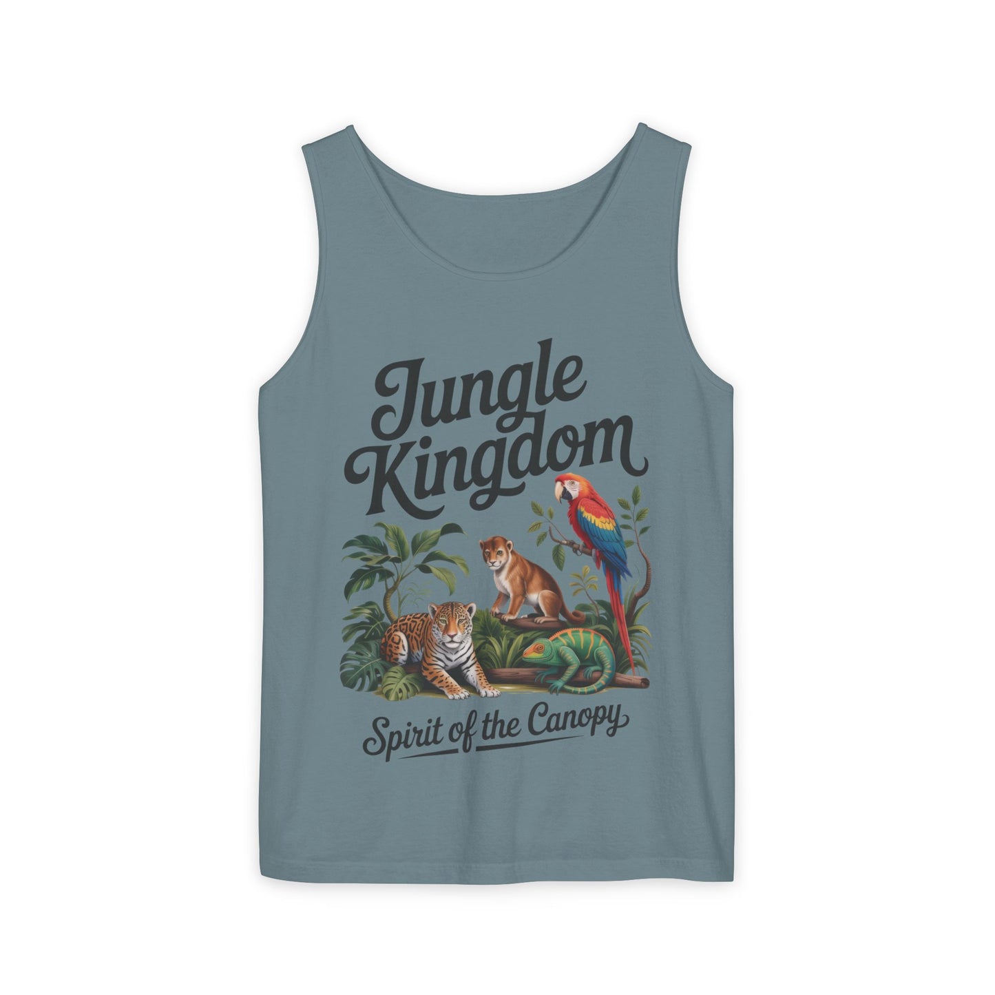 Jungle Kingdom Tank Top, Mens Garment-Dyed Sleeveless Shirt, Spirit of the Canopy Tee, Summer Outfit, Eco-Friendly Casual Wear