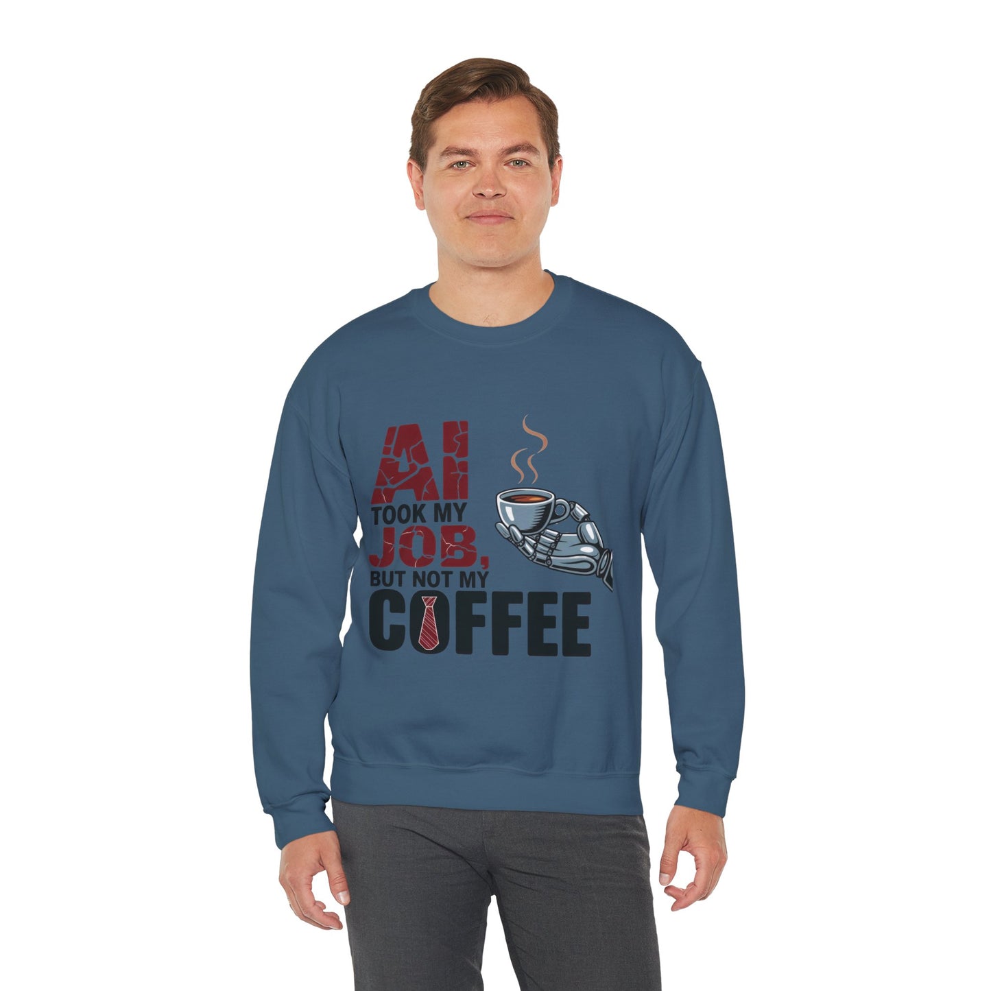 Men's AI Coffee Sweatshirt, Funny Robot Humor Pullover, Geek Sarcastic Job Joke Top, Men's Heavy Blend™ Crewneck Sweatshirt, Office Humor