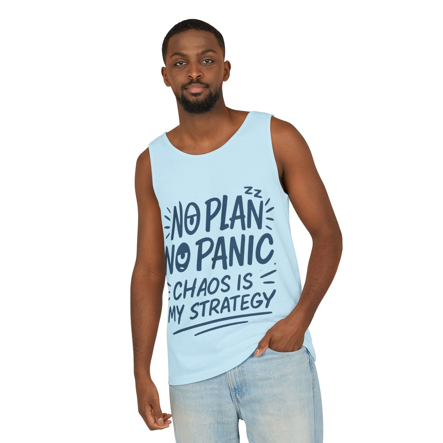 Funny Chaos Quote Mens Tank Top, No Plan No Panic Humor Shirt, Casual Graphic Tee Gift for Him, Relaxed Fit, Workout Gym Humor Shirt