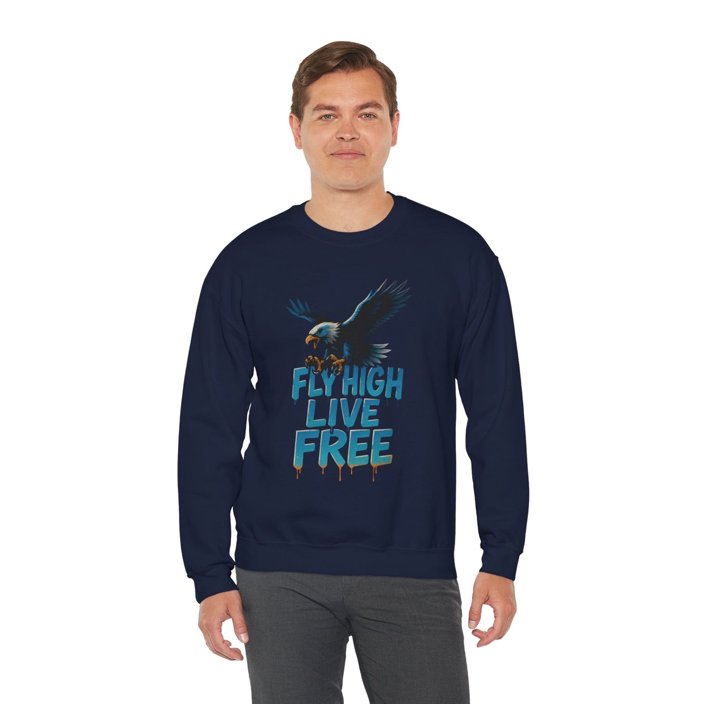 Mens Heavy Blend™ Crewneck Sweatshirt, Fly High Live Free Mens Eagle Graphic Sweatshirt