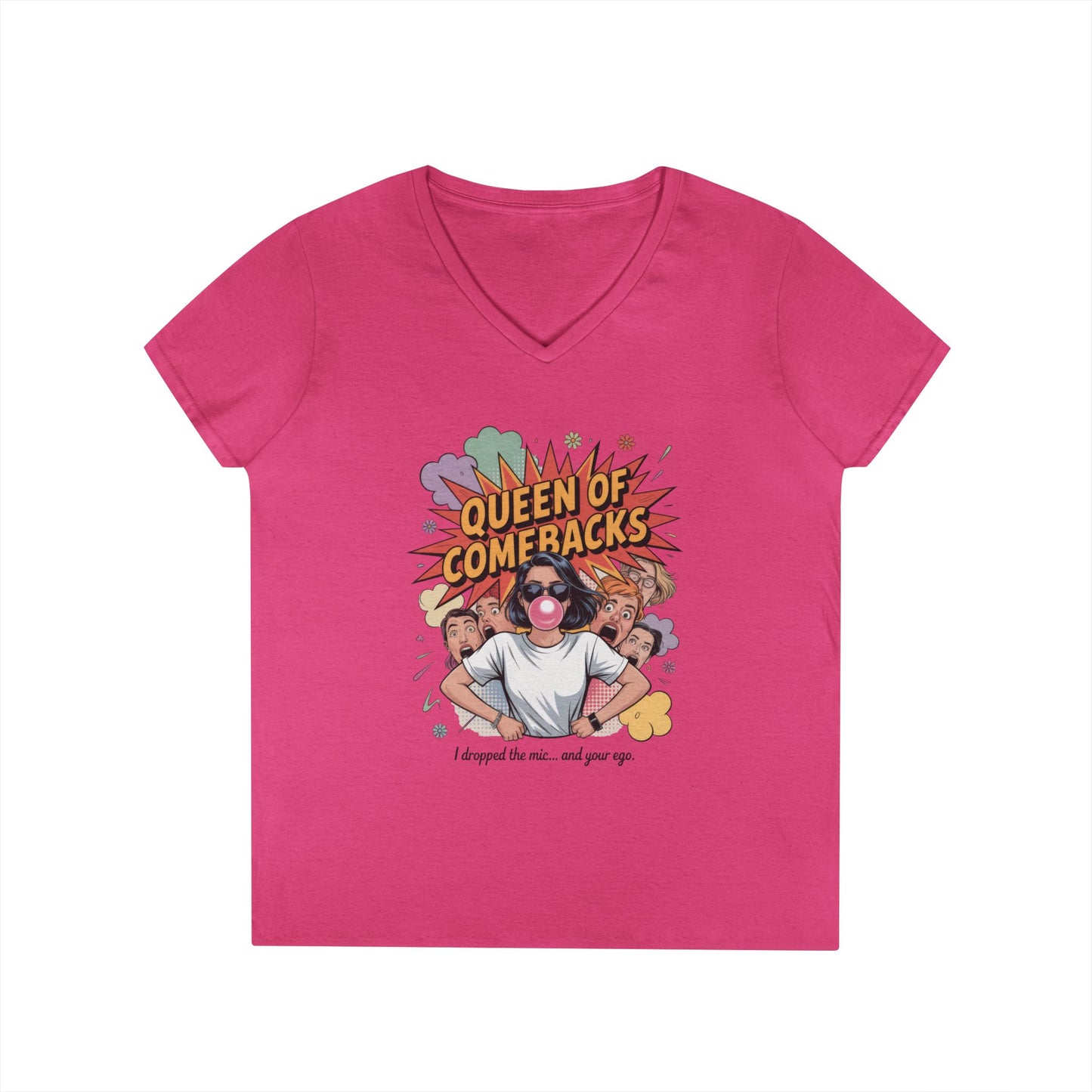 Queen of Comebacks V-Neck T-Shirt, Funny Graphic Tee, Gift for Friends, Humor Apparel, Casual Wear, Comedic Shirt