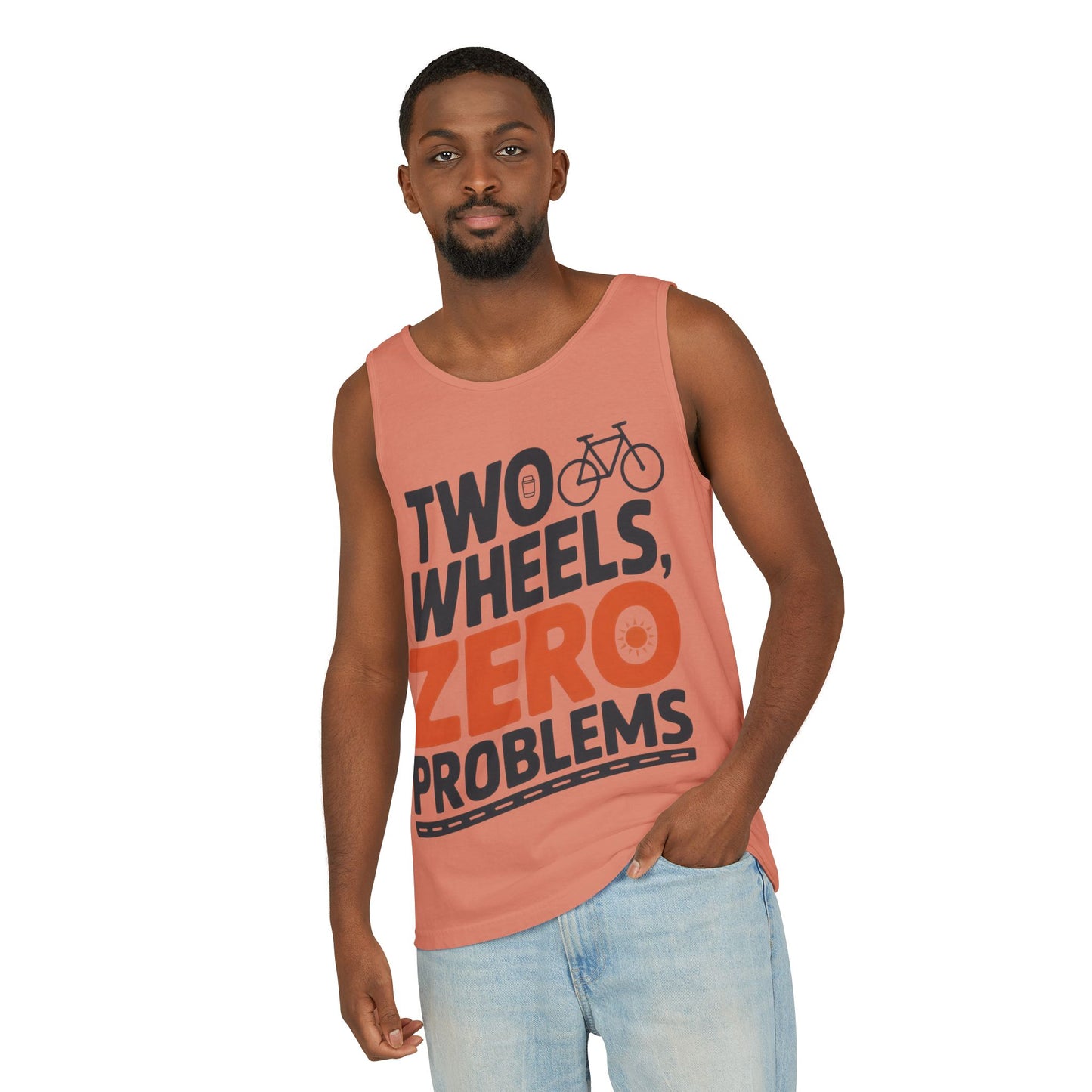 Mens Garment-Dyed Tank Top, Two Wheels Zero Problems Mens Cycling Graphic Tank, Gift for Cyclists