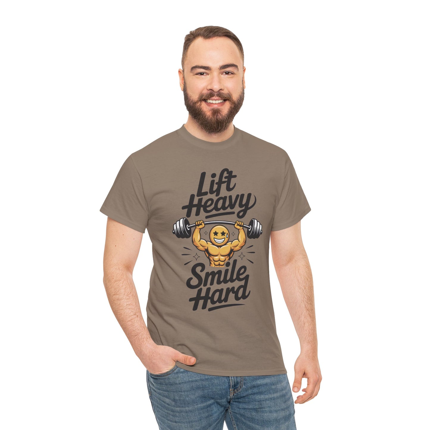Mens Lift Heavy Smile Hard T-Shirt, Funny Gym Workout Graphic Tee, Mens Gym Tshirt