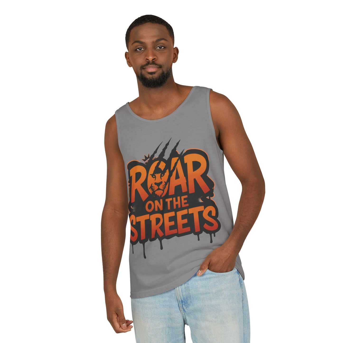 Mens Garment-Dyed Tank Top, Roar on the Streets Lion Graphic Mens Tank Top