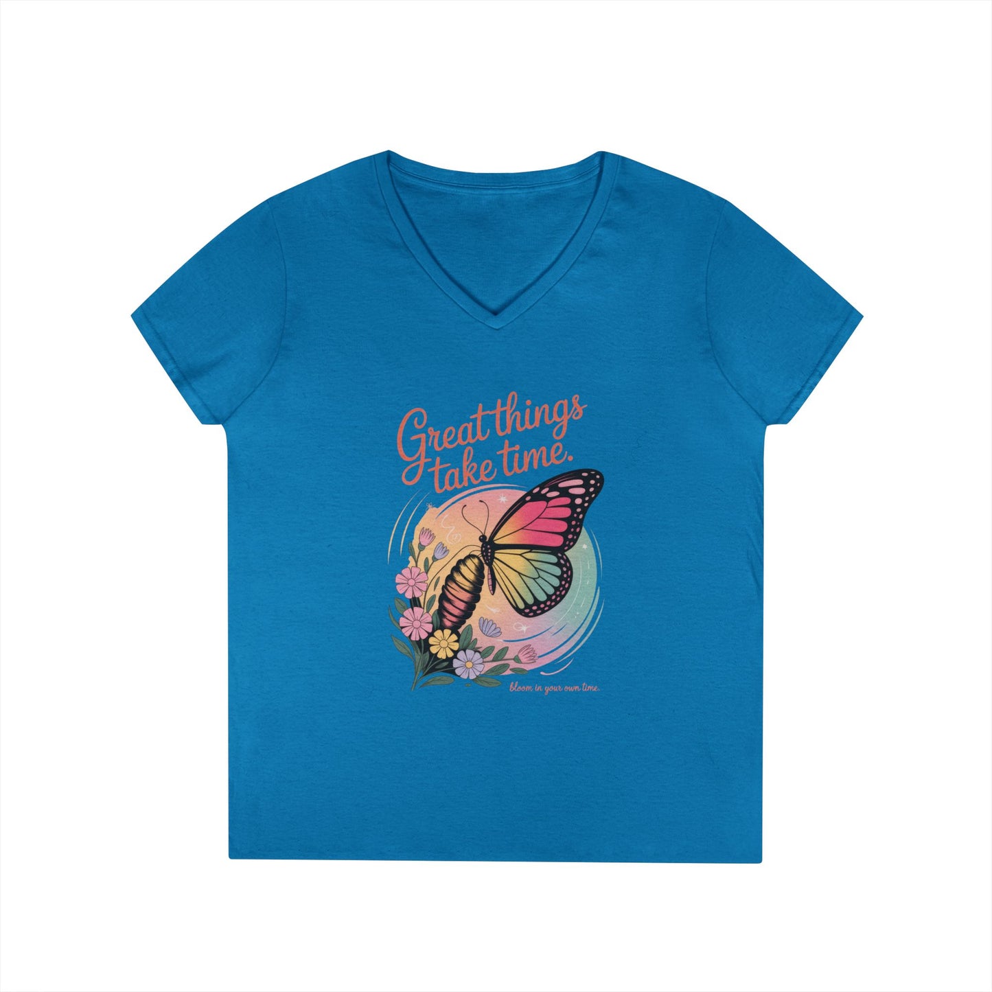 Inspiring Ladies' V-Neck T-Shirt, Great Things Take Time Butterfly Design, Relaxation, Motivation, Nature, Motivational Women's Tee