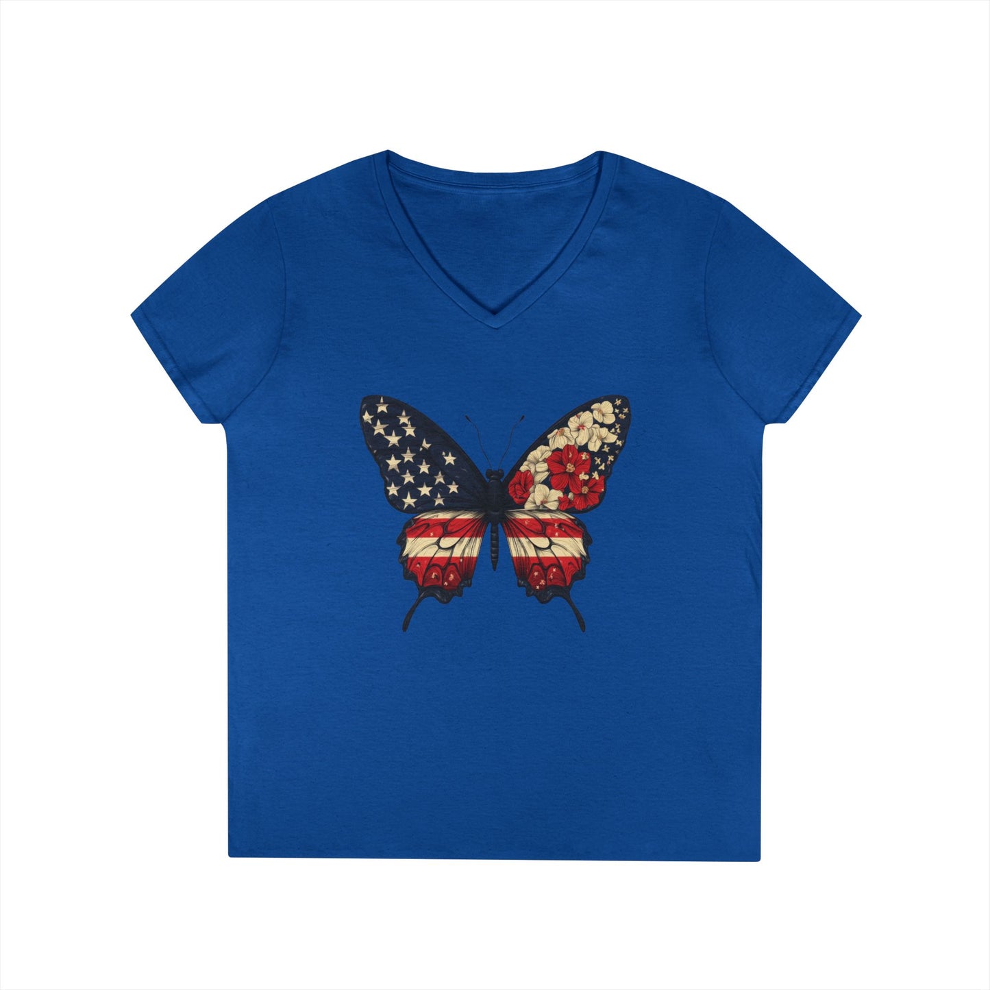 Patriotic Butterfly V-Neck T-Shirt, Summer Style, Gifts for Her, Independence Day, Casual Wear, Nature Lovers