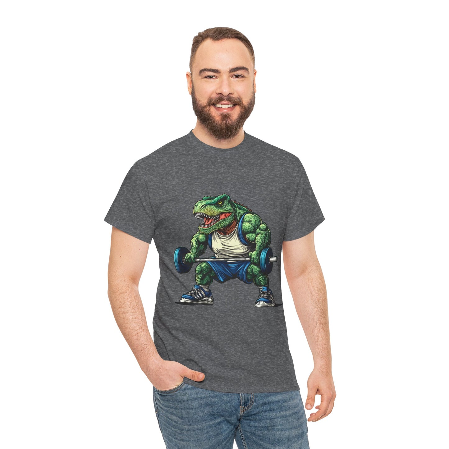 Dino Gym Tee, Muscle T-Rex Gym T-Shirt, Funny Men's Heavy Cotton T-Shirt,Fitness Gift for Gym Lovers, Cute Dinosaur Tee