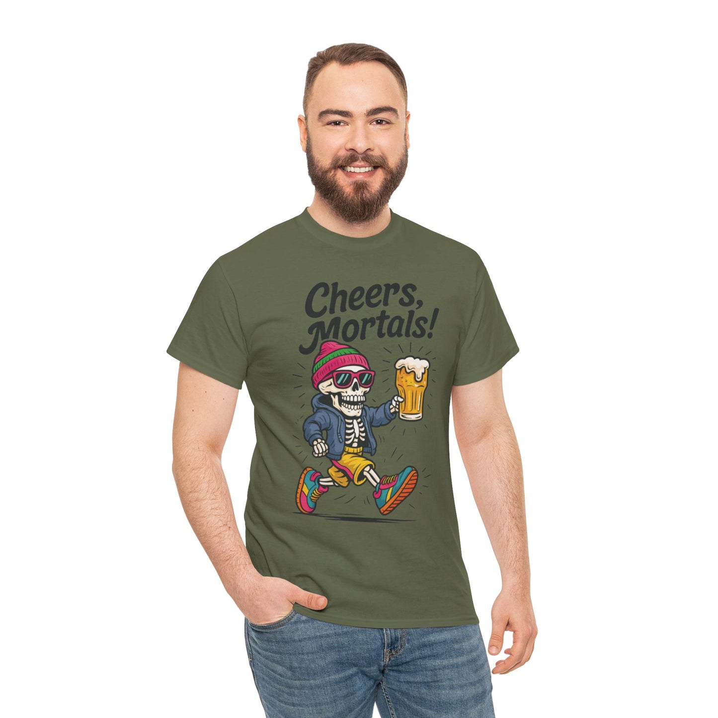 Cheers, Mortals! Mens Tee, Funny Skeleton Beer Graphic Tee, Cool Drinking Humor Shirt, Party Gift for Him, Halloween Tee, Beer Lovers Gift