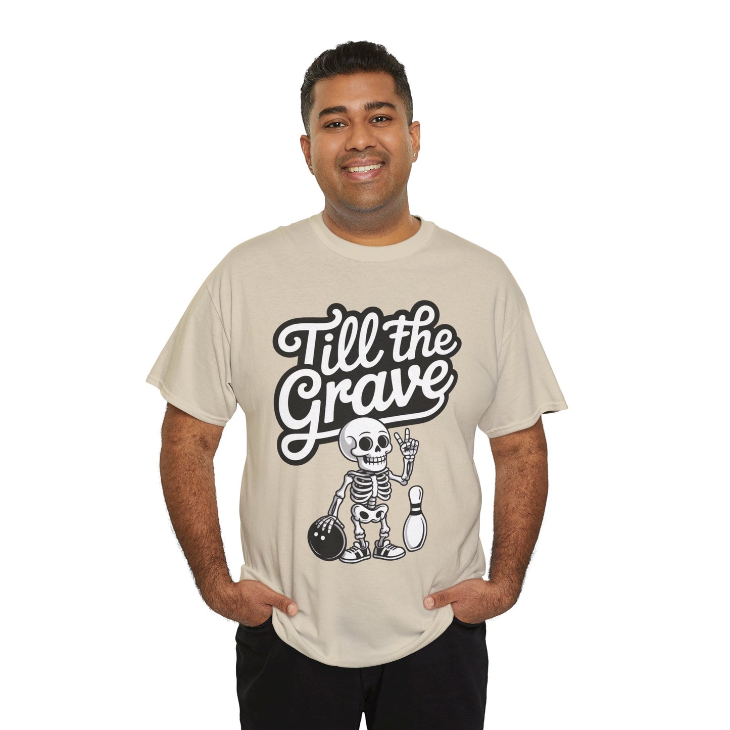 Skeleton Bowling Graphic Tee, Mens Heavy Cotton Tee, Funny Halloween Shirt, Gift for Bowlers, Retro Style Apparel, Casual Wear