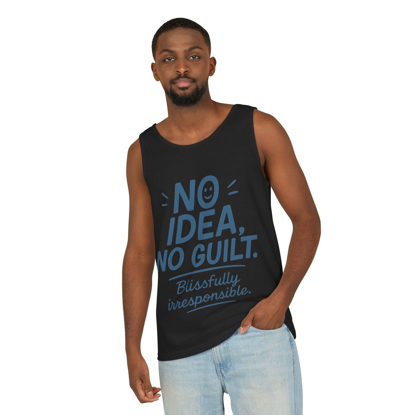 Mens Funny Tank Top, No Idea No Guilt Quote, Blissfully Irresponsible Gym Shirt, Casual Sleeveless Top, , Fun Party Shirt