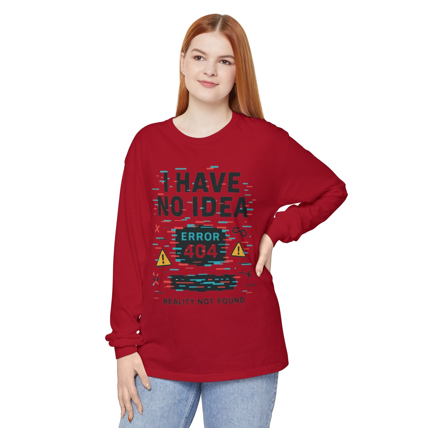 Unisex Long Sleeve T-Shirt, Funny Error 404 Graphic Tee, Internet Humor, Geeky Apparel, Quirky Humor Shirt, Gift for Tech Lovers