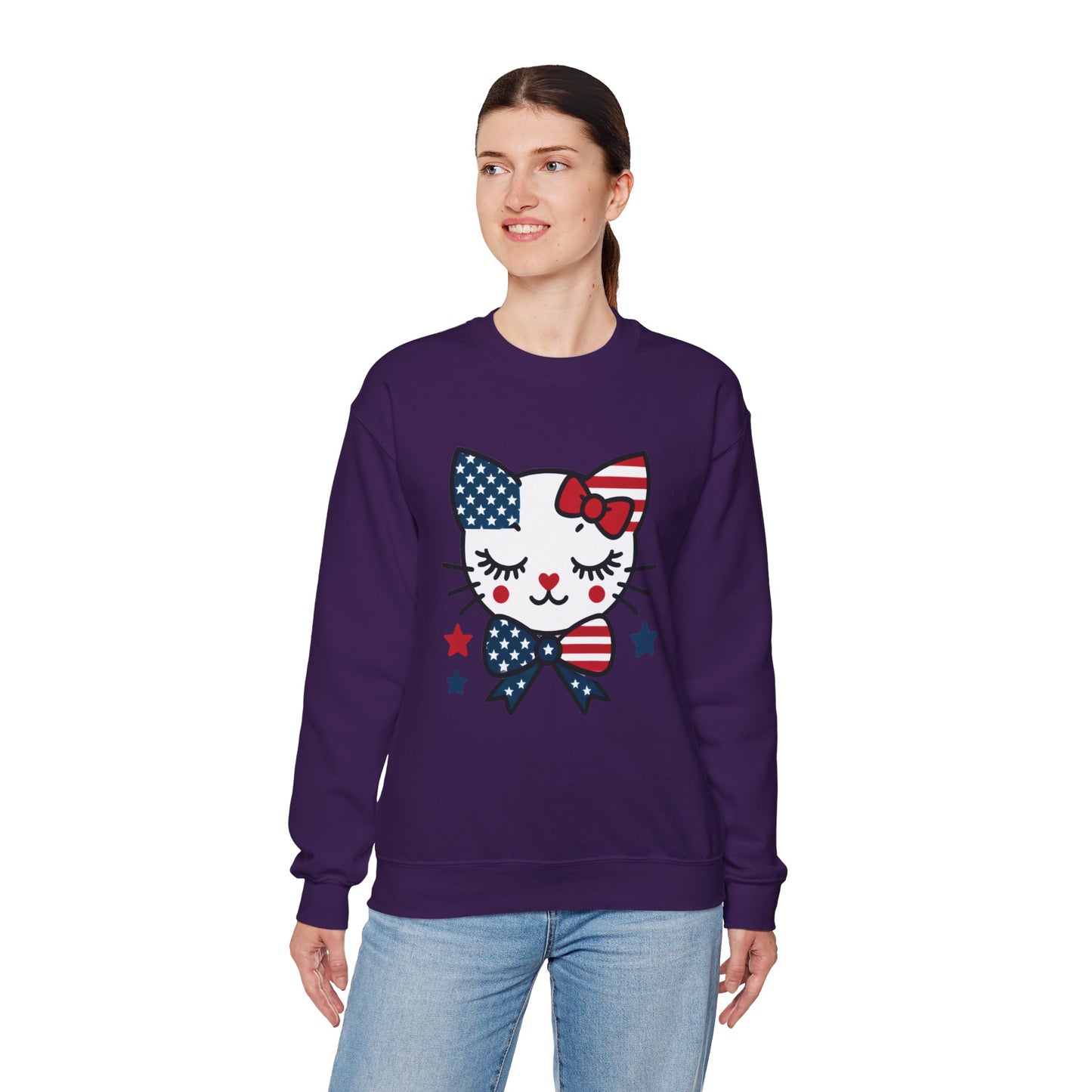 Cute Cat American Flag Sweatshirt, Women's Crewneck, Perfect for 4th of July, Women's Casual Wear, Cat Lovers Gifts