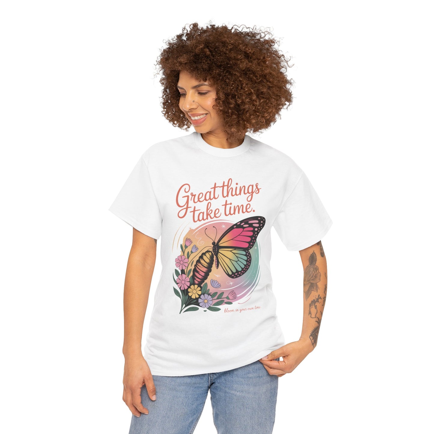 Butterfly Motivational Women's Heavy Cotton Tee, Great Things Take Time Shirt, Gift for Nature Lovers, Inspirational Apparel, Summer Outfit