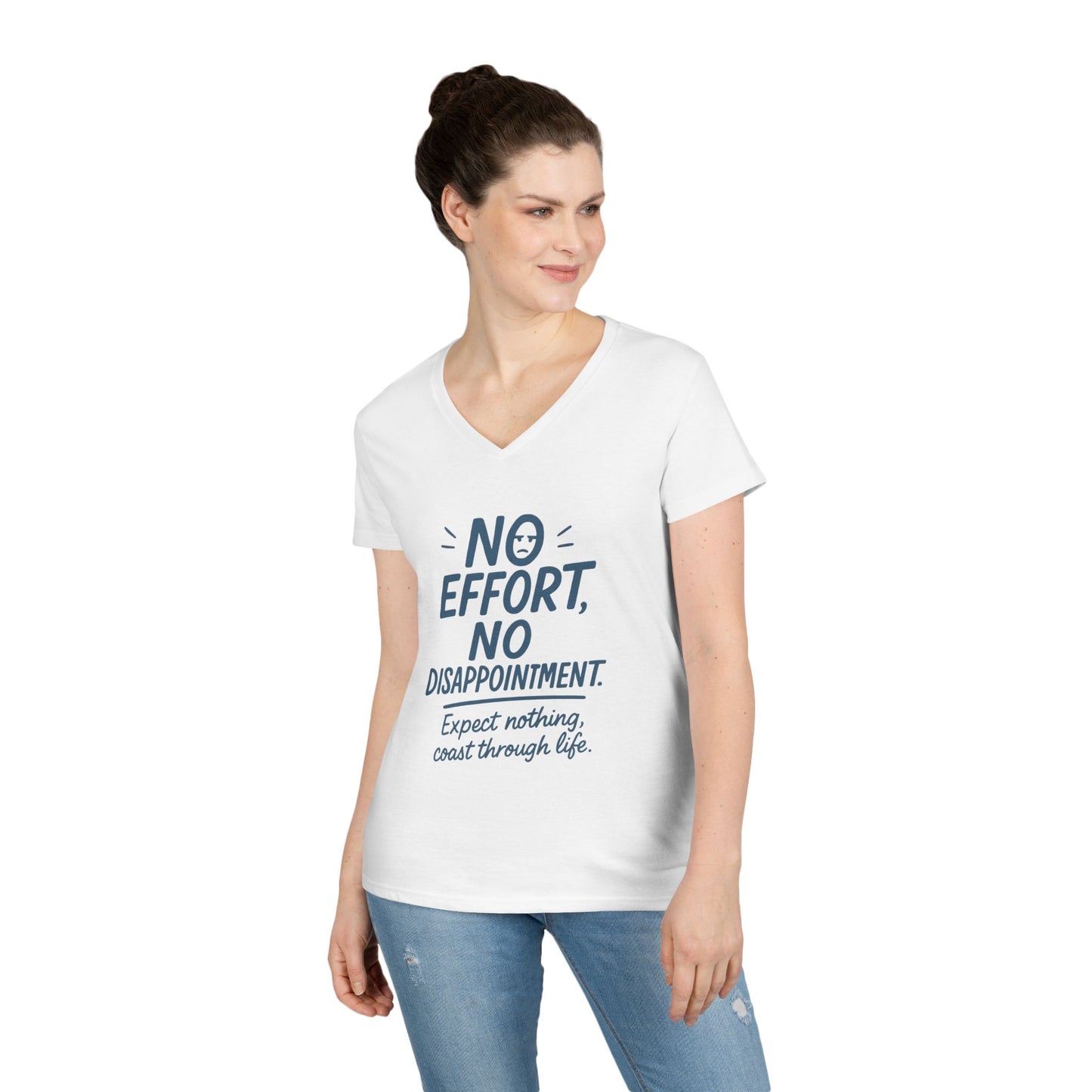 Funny No Effort Womens V-Neck T-Shirt, No Disappointment Lazy Life Quote Shirt, Cute Graphic Tee for Her, Life Philosophy Shirt