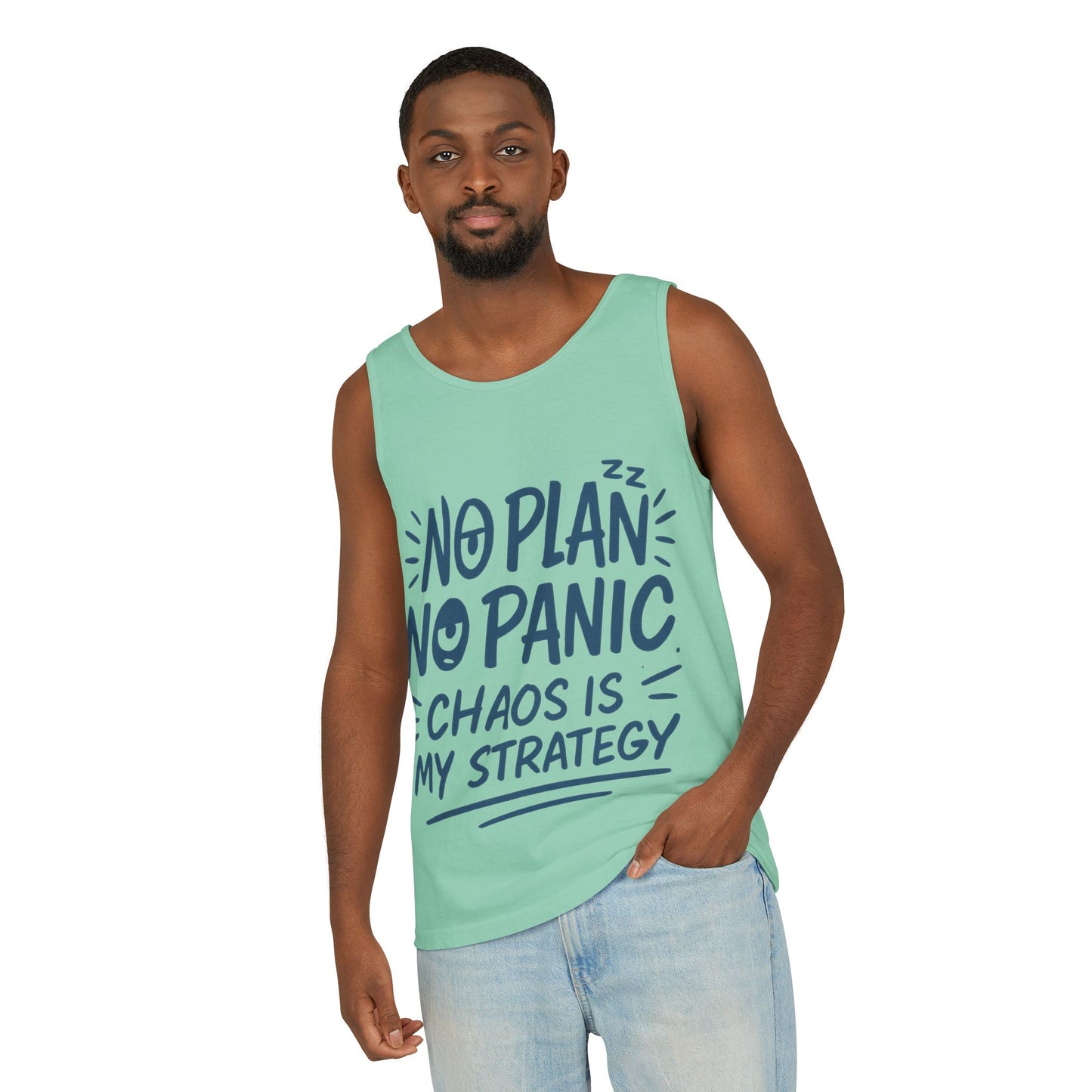 Funny Chaos Quote Mens Tank Top, No Plan No Panic Humor Shirt, Casual Graphic Tee Gift for Him, Relaxed Fit, Workout Gym Humor Shirt