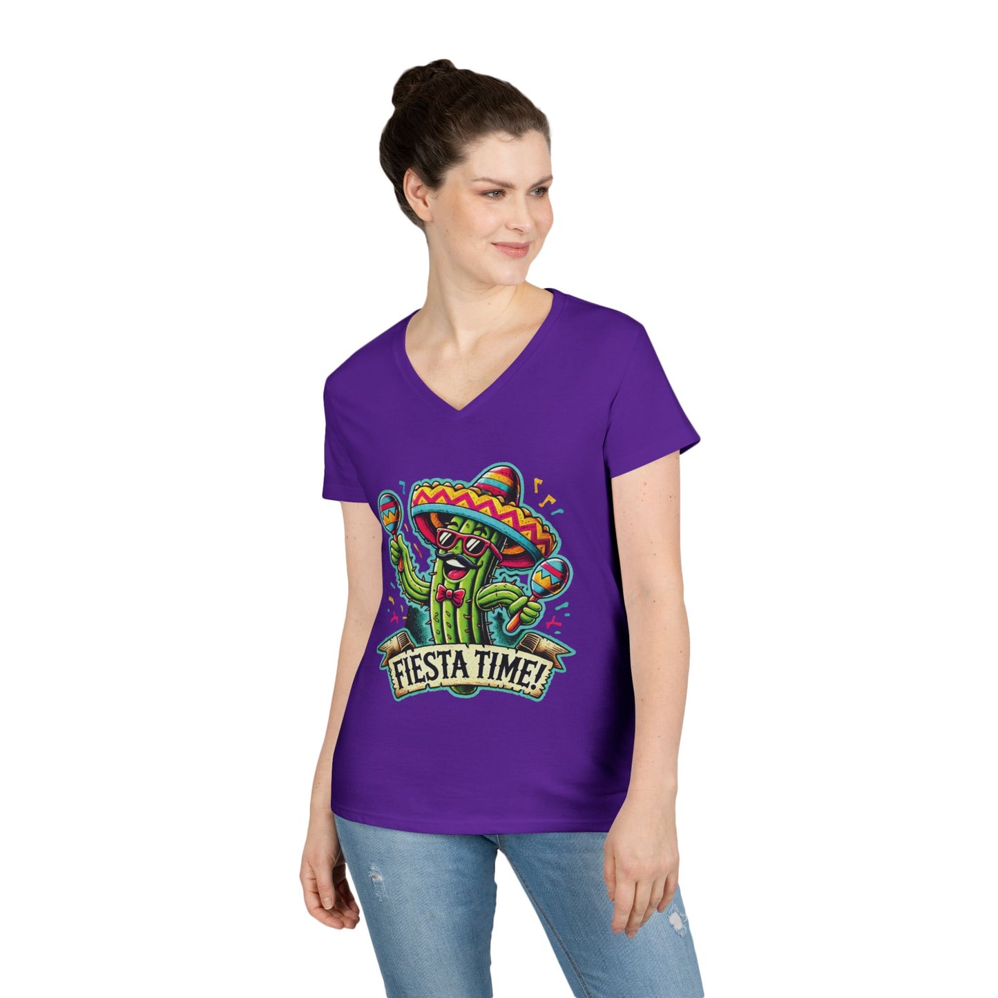 Fiesta Time Cactus Ladies' V-Neck T-Shirt, Funny Sombrero Mexican Party Tee, Cinco de Mayo Gift Idea, Fun Summer Tee, Party Wear