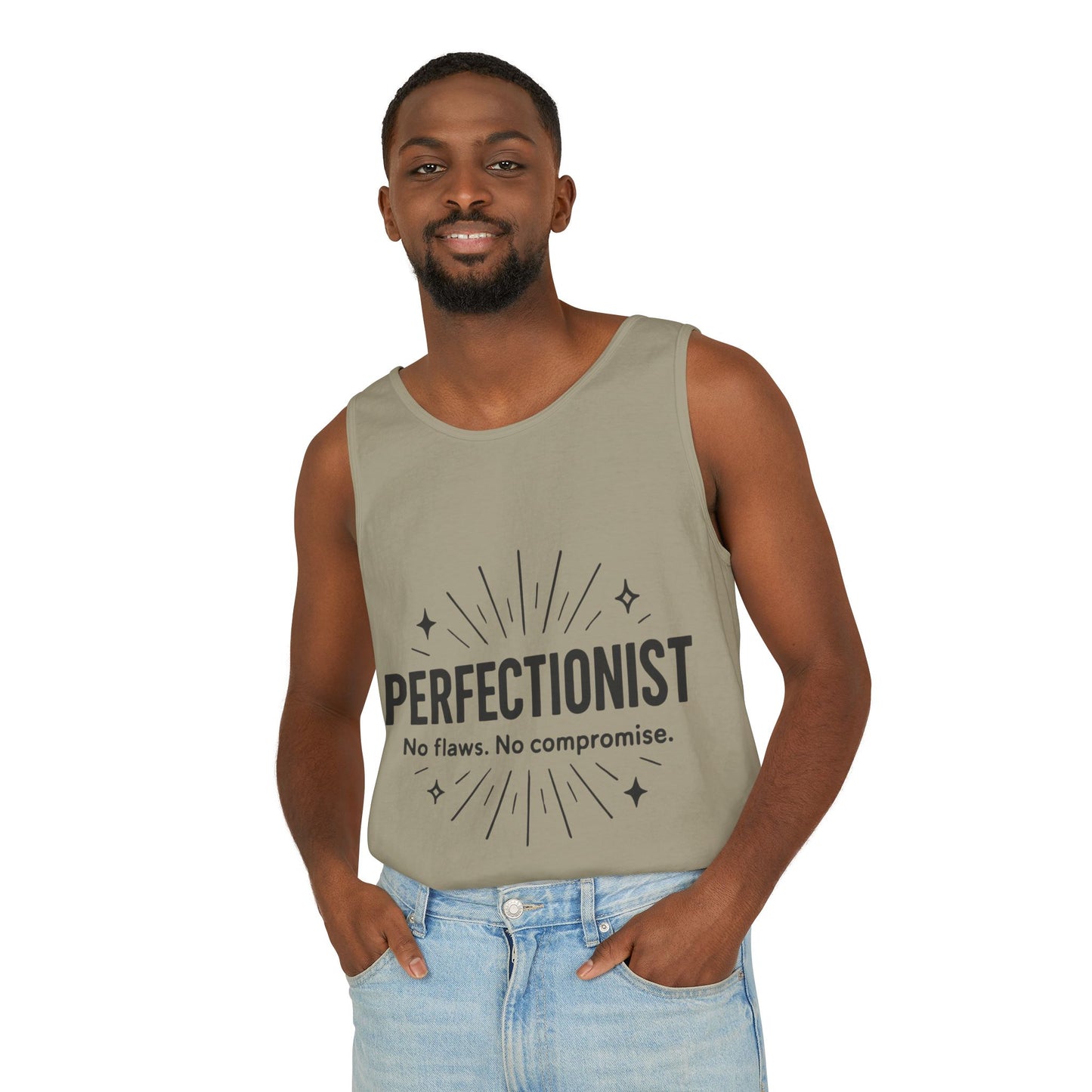Mens Perfectionist Tank Top, No Flaws No Compromise, Minimal Bold Graphic Tee, Gift for OCD, Clean Freak, or Detail-Oriented Men
