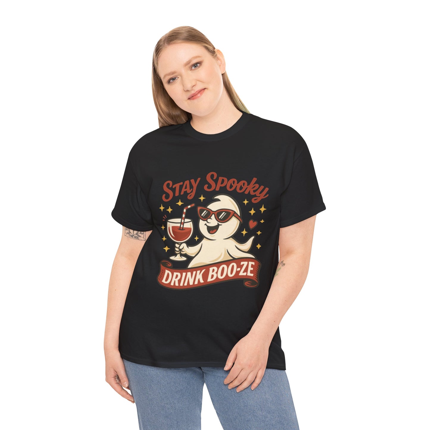 Stay Spooky Drink Boo-ze Women's T-Shirt, Funny Ghost Wine Halloween Party Graphic Tee