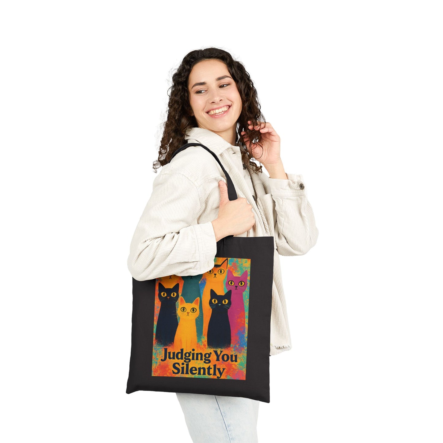 Colorful Funny Cat Illustration Tote Bag, Judging You Silently, Artistic Rainbow Cat Lover Gift, Pet-themed Bag