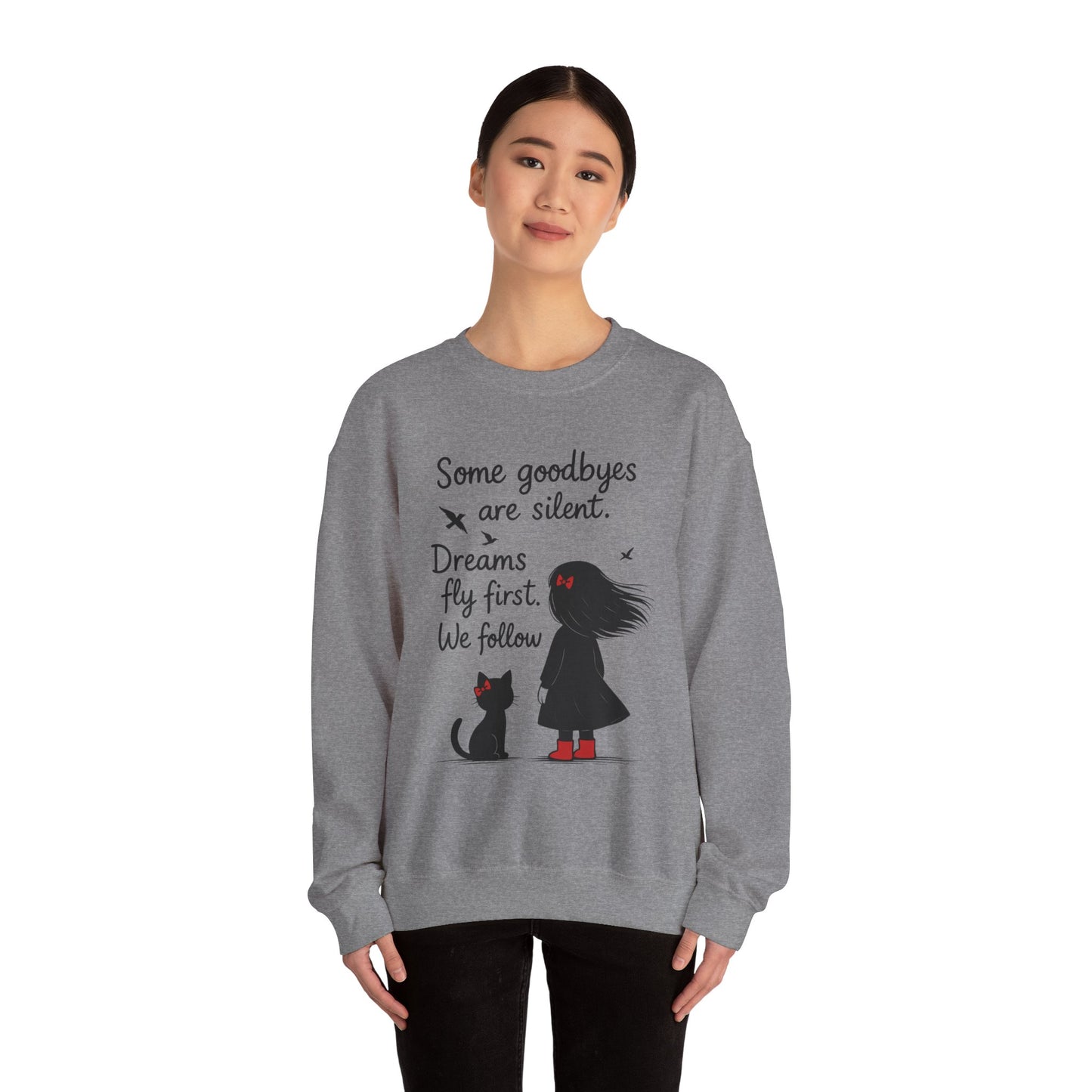 Cozy Farewell Girl & Cat Pullover, Hand Drawn Red Dress Art, Minimalist Womens Crewneck