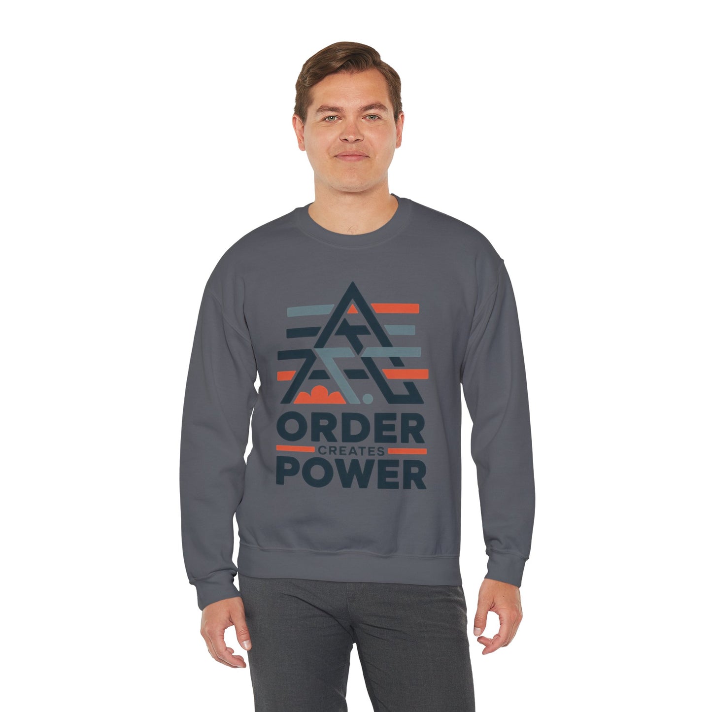 Men's Sweatshirt Order Creates Power, Minimal Geometric Motivational Graphic Pullover, Heavy Blend™ Crewneck Sweatshirt