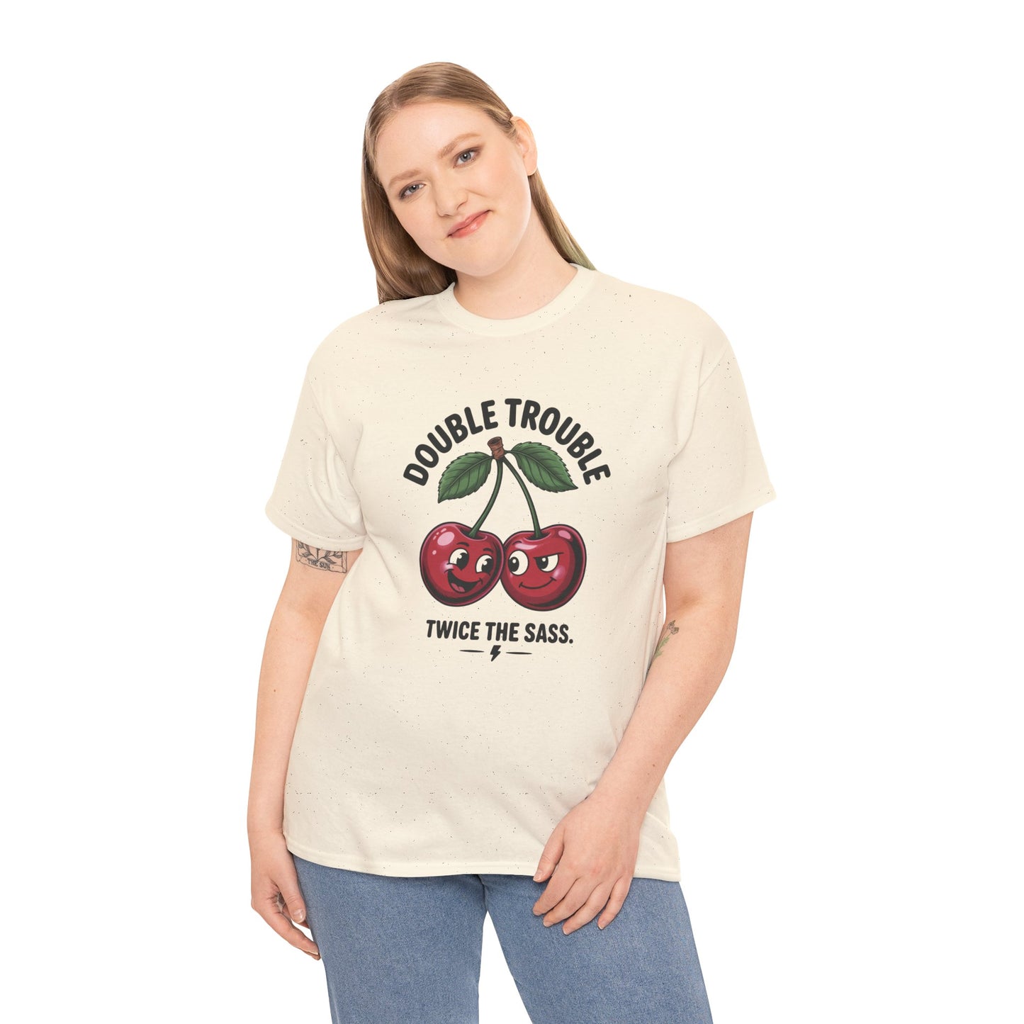 Double Trouble Cherry Graphic Tee, Funny Cute Womens T-Shirt, Twice the Sass Quote Shirt, Sassy Cherry Cartoon Gift