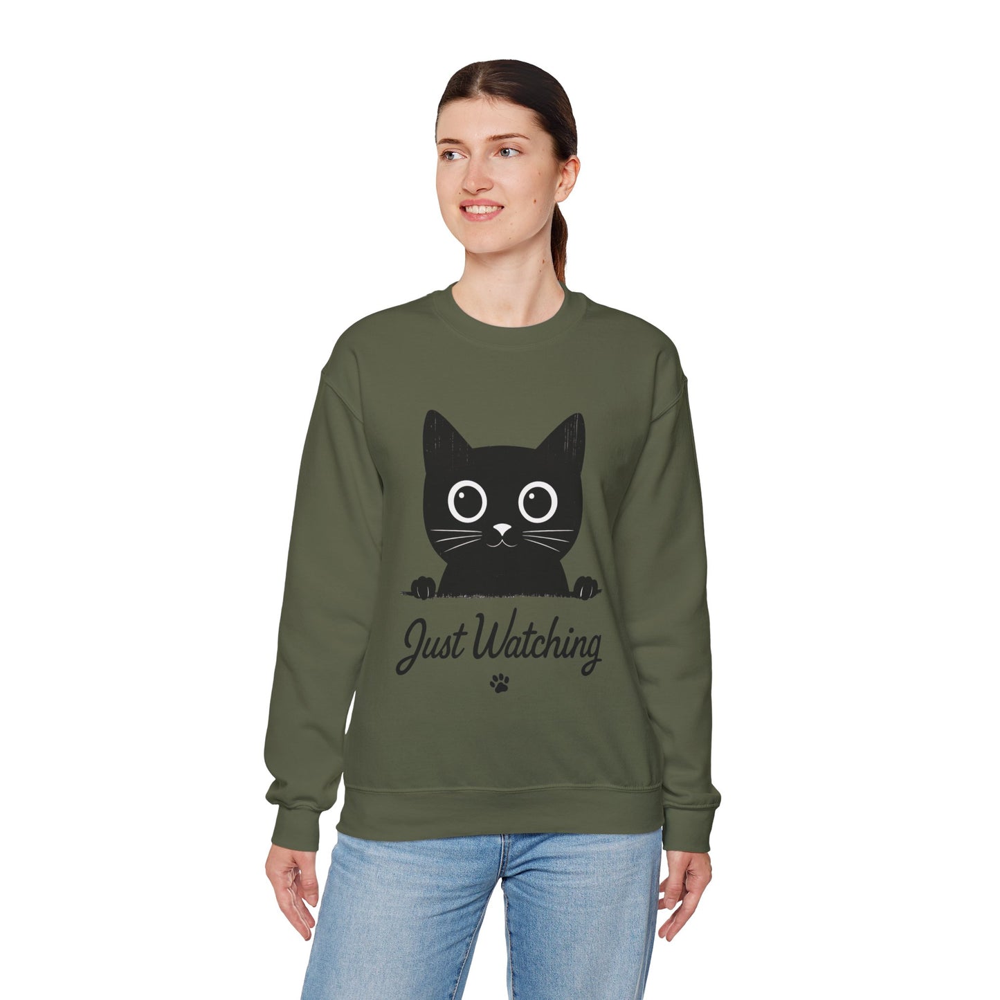 Funny Black Cat Womens Crewneck Sweatshirt - Just Watching Minimalist Kitty Pullover - Cozy Cat Lover Gift, Pet Owner Apparel