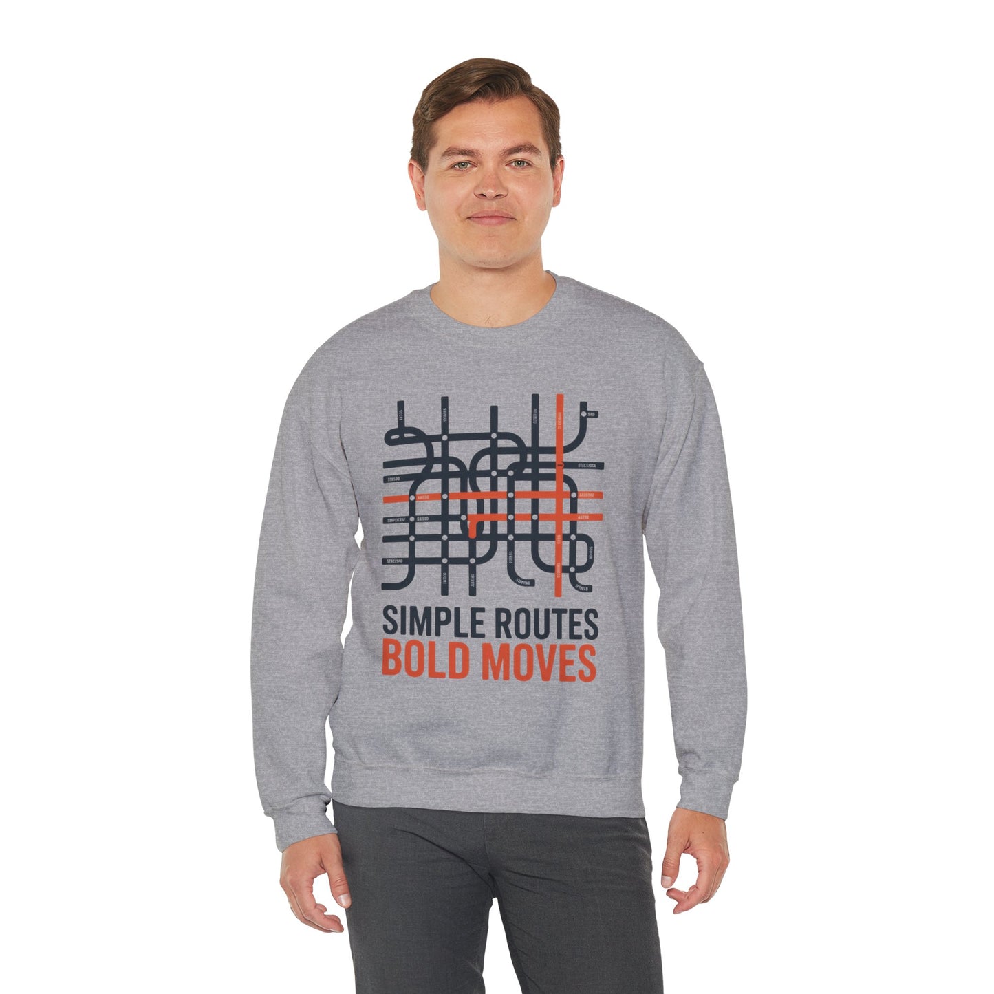 Men's Heavy Blend™ Crewneck Sweatshirt, Simple Routes Bold Moves Sweatshirt, Minimalist Metro Map Graphic Pullover