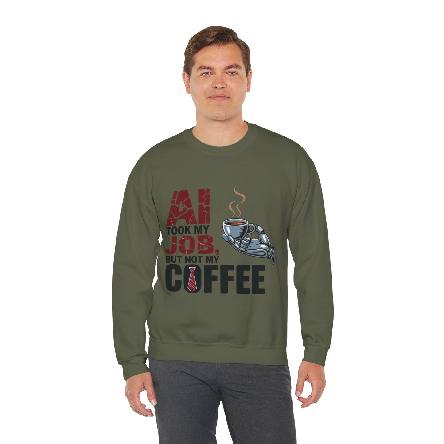 Men's AI Coffee Sweatshirt, Funny Robot Humor Pullover, Geek Sarcastic Job Joke Top, Men's Heavy Blend™ Crewneck Sweatshirt, Office Humor