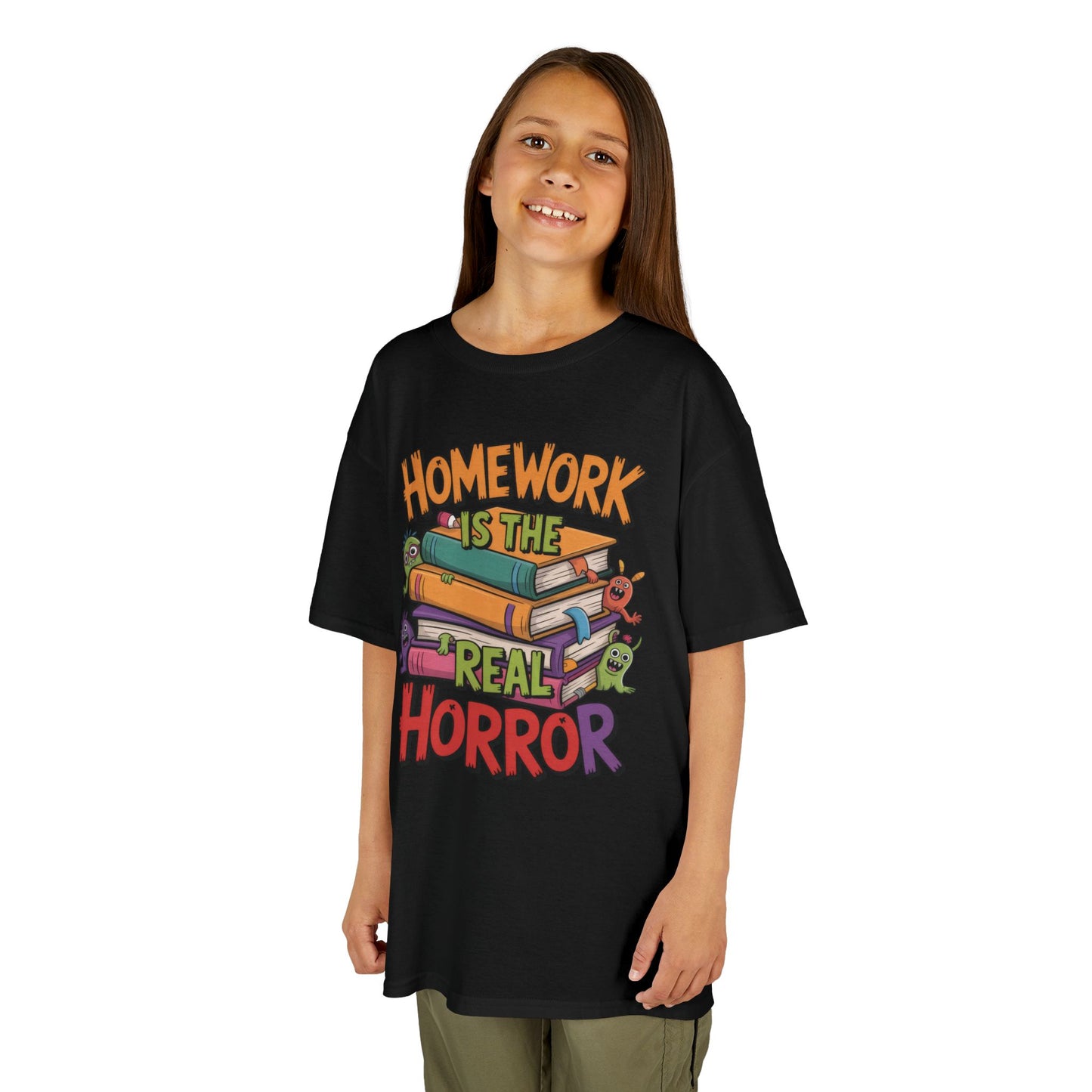 Kids Funny Homework Tee, Cute Monster School Shirt, Homework Is the Real Horror, Back to School Gift for Boys & Girls, Kids Halloween Tee