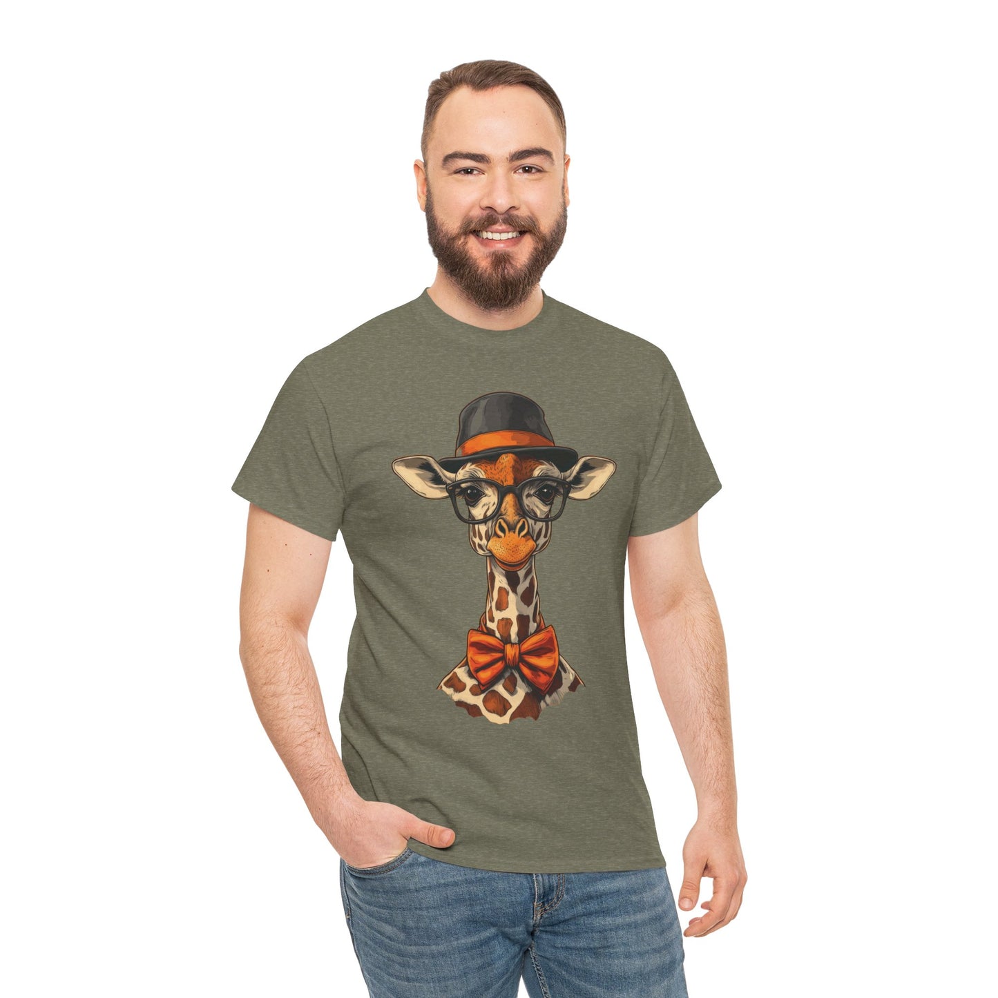 Hipster Giraffe T-Shirt with Hat and Glasses, Whimsical Giraffe Tee, Fun Gift, Cute Graphic Shirt, Unisex Heavy Cotton Tee