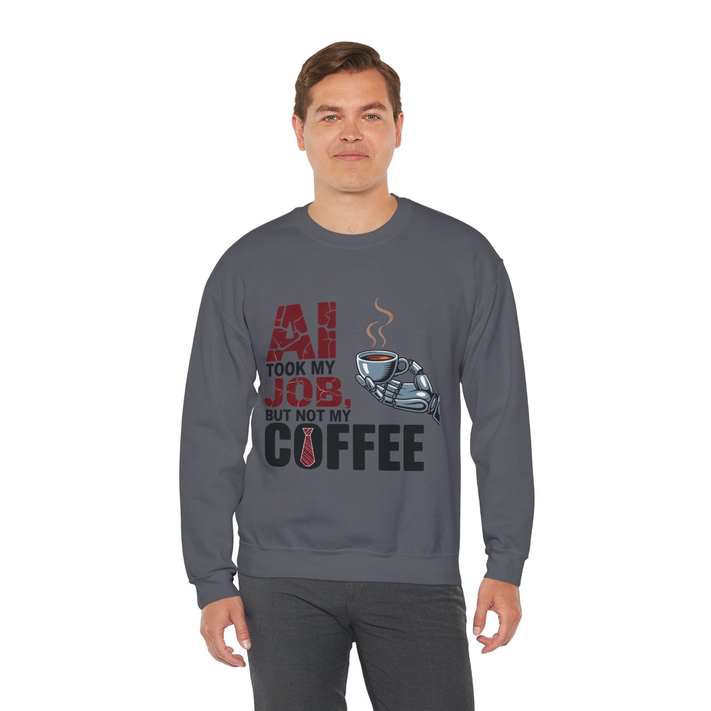 Men's AI Coffee Sweatshirt, Funny Robot Humor Pullover, Geek Sarcastic Job Joke Top, Men's Heavy Blend™ Crewneck Sweatshirt, Office Humor