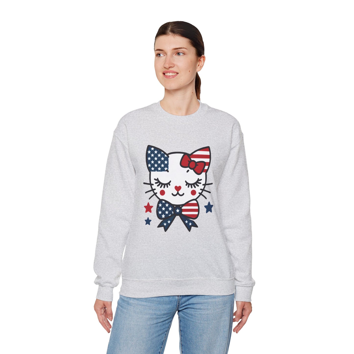 Cute Cat American Flag Sweatshirt, Women's Crewneck, Perfect for 4th of July, Women's Casual Wear, Cat Lovers Gifts