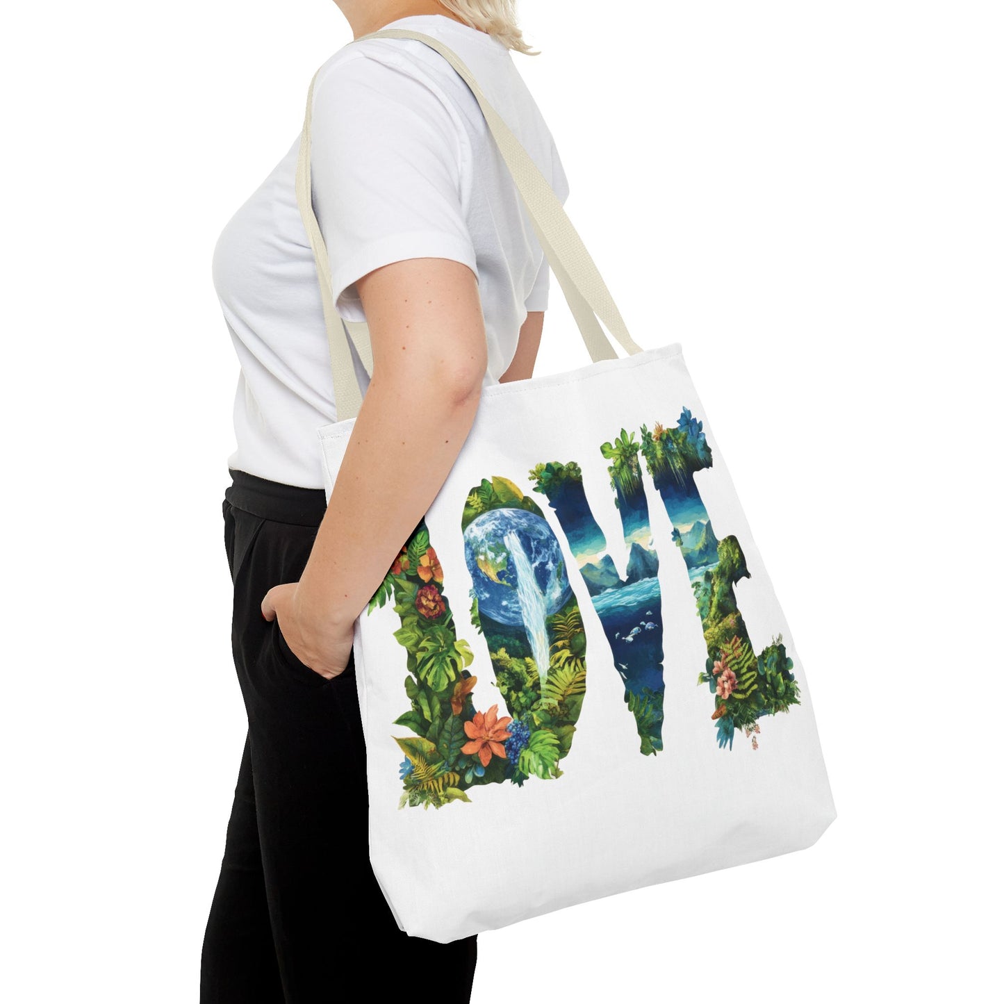 Earth Day LOVE Tote Bag, Eco Friendly Nature Art Bag, Sustainable Planet Message, Floral Tote, Shopping Bag, Beach Bag, Large Canvas Bag