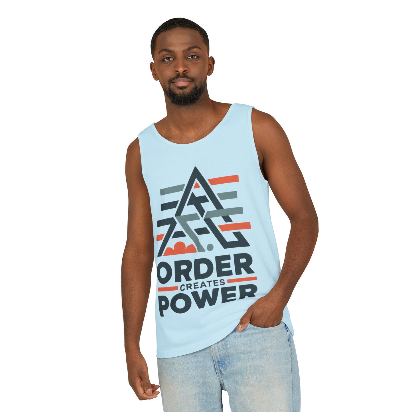 Mens Garment-Dyed Tank Top, Mens Tank Top Order Creates Power, Minimal Geometric Motivational Graphic Summer Shirt