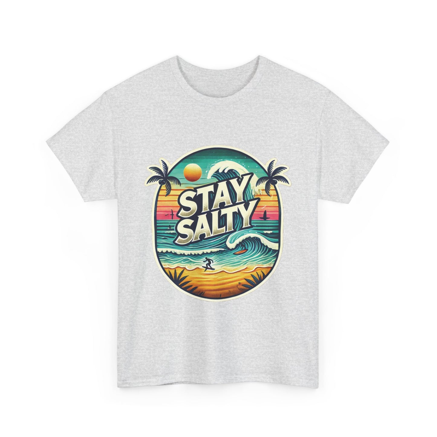 Stay Salty Retro Surf Unisex Heavy Cotton Tee, Vintage Beach Sunset Graphic T-Shirt, Summer Ocean Wave Surfer Shirt, Ocean Lover Gift