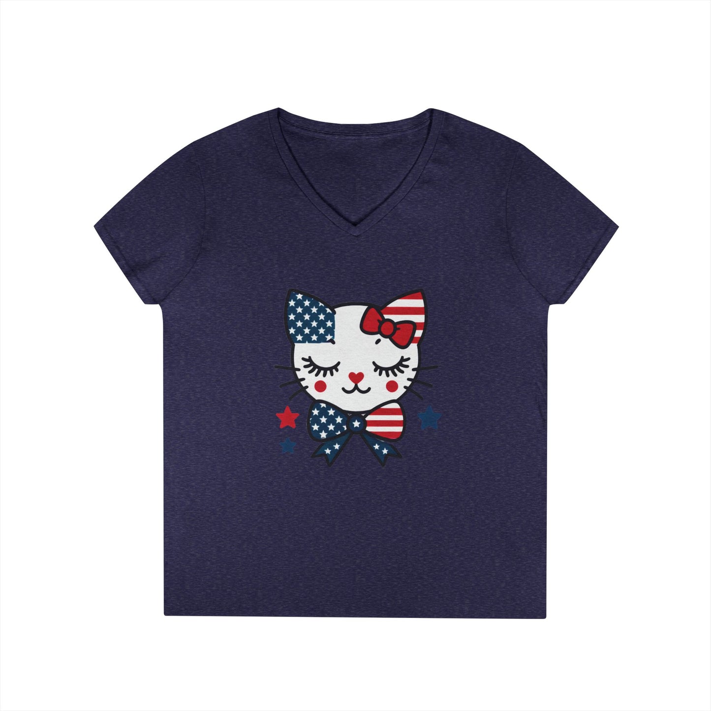 Patriotic Cat Ladies' V-Neck T-Shirt, Cute Tee, July 4th Top, Independence Day Shirt, Gift for Cat Lovers, Casual Summer Wear