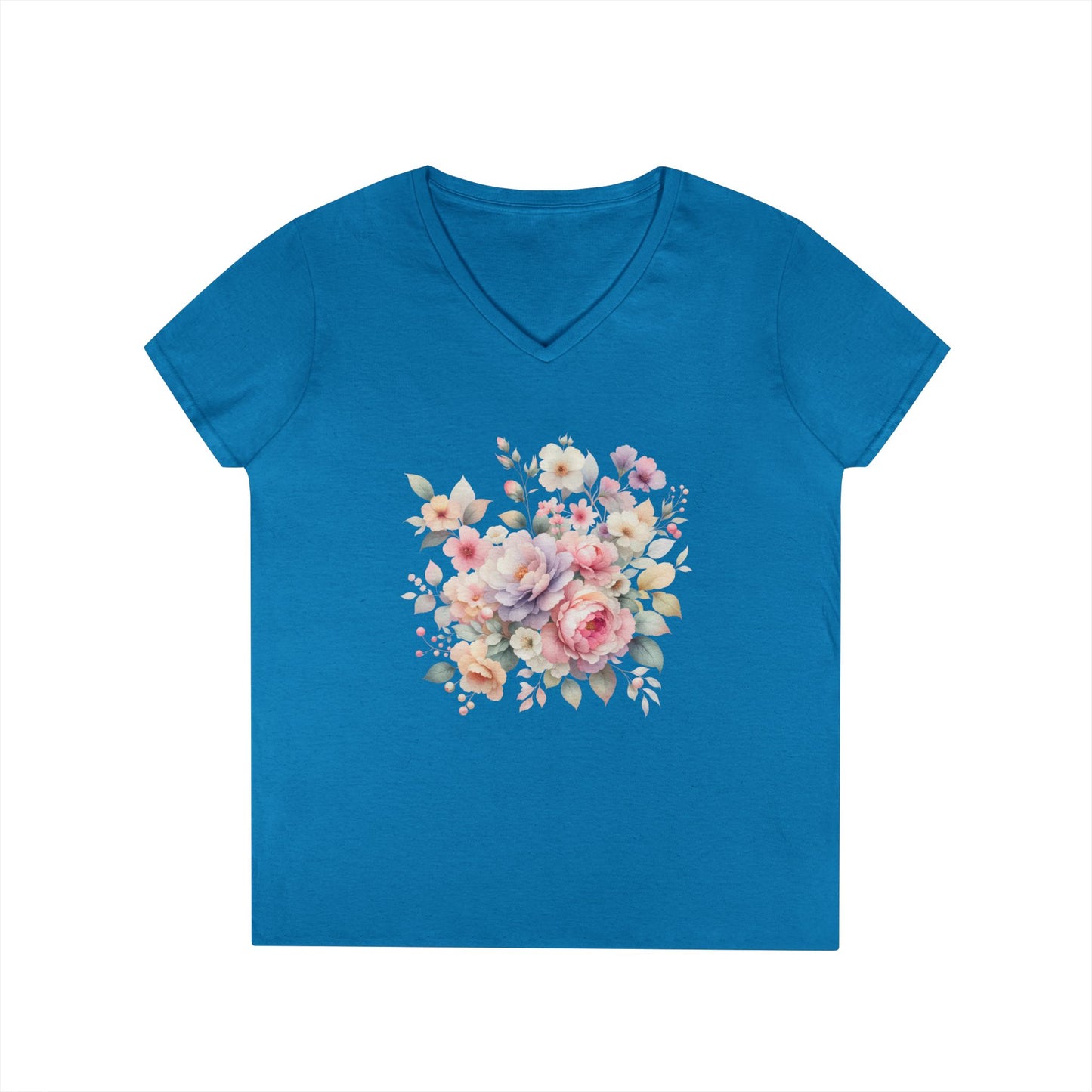 Pastel Floral Bouquet Ladies' V-Neck T-Shirt, Romantic Soft Vintage Flower Tee, Spring Fashion, Gift for Her, Everyday Wear