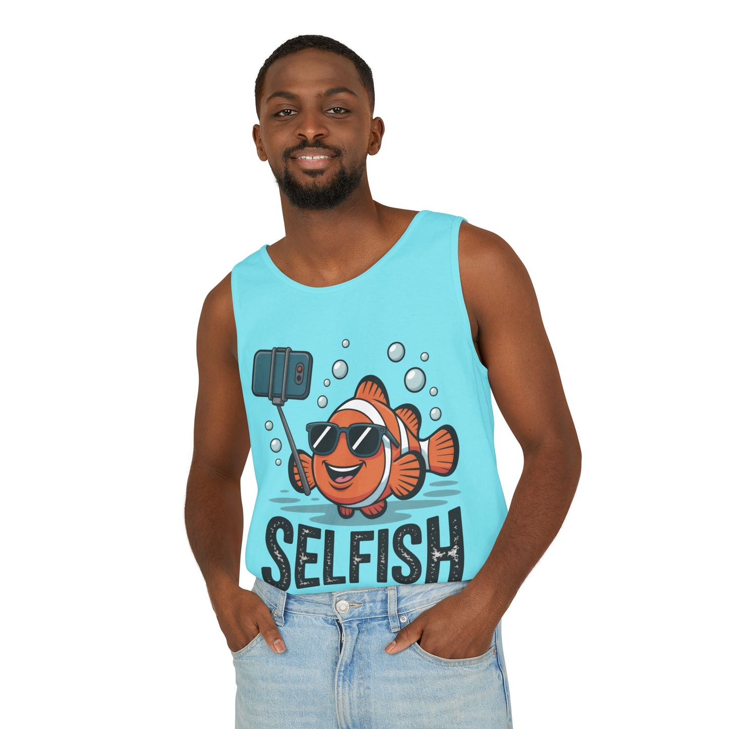 Mens Garment-Dyed Tank Top, Mens Selfish Funny Fish Tank Top, Cute Selfie Graphic Shirt, Ocean Humor Top