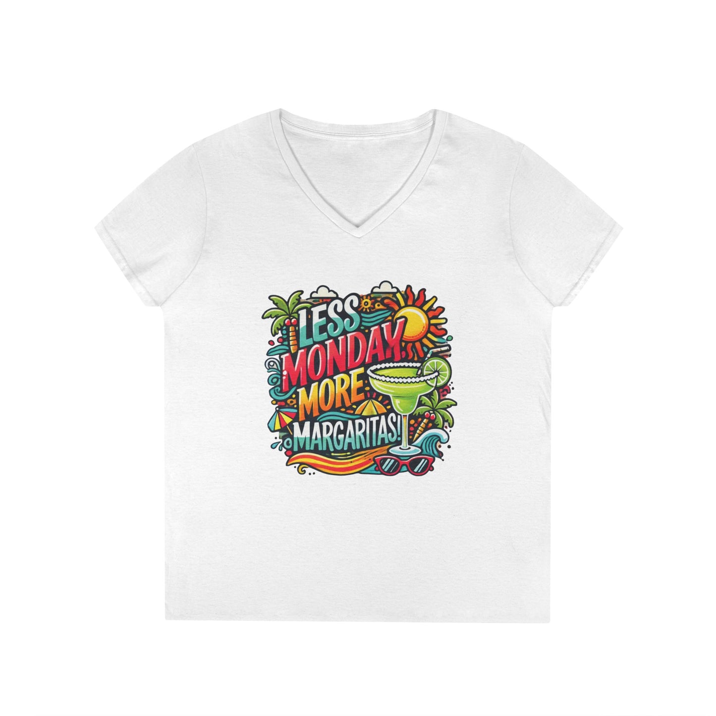 Less Monday More Margaritas Ladies' V-Neck T-Shirt, Funny Summer Cocktail Shirt, Tropical Vacation Tee for Women, Party Tee, Weekend Vibes