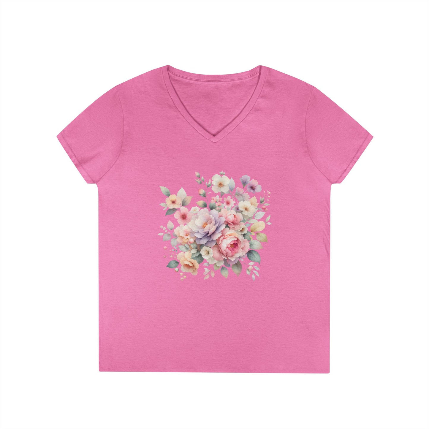 Pastel Floral Bouquet Ladies' V-Neck T-Shirt, Romantic Soft Vintage Flower Tee, Spring Fashion, Gift for Her, Everyday Wear