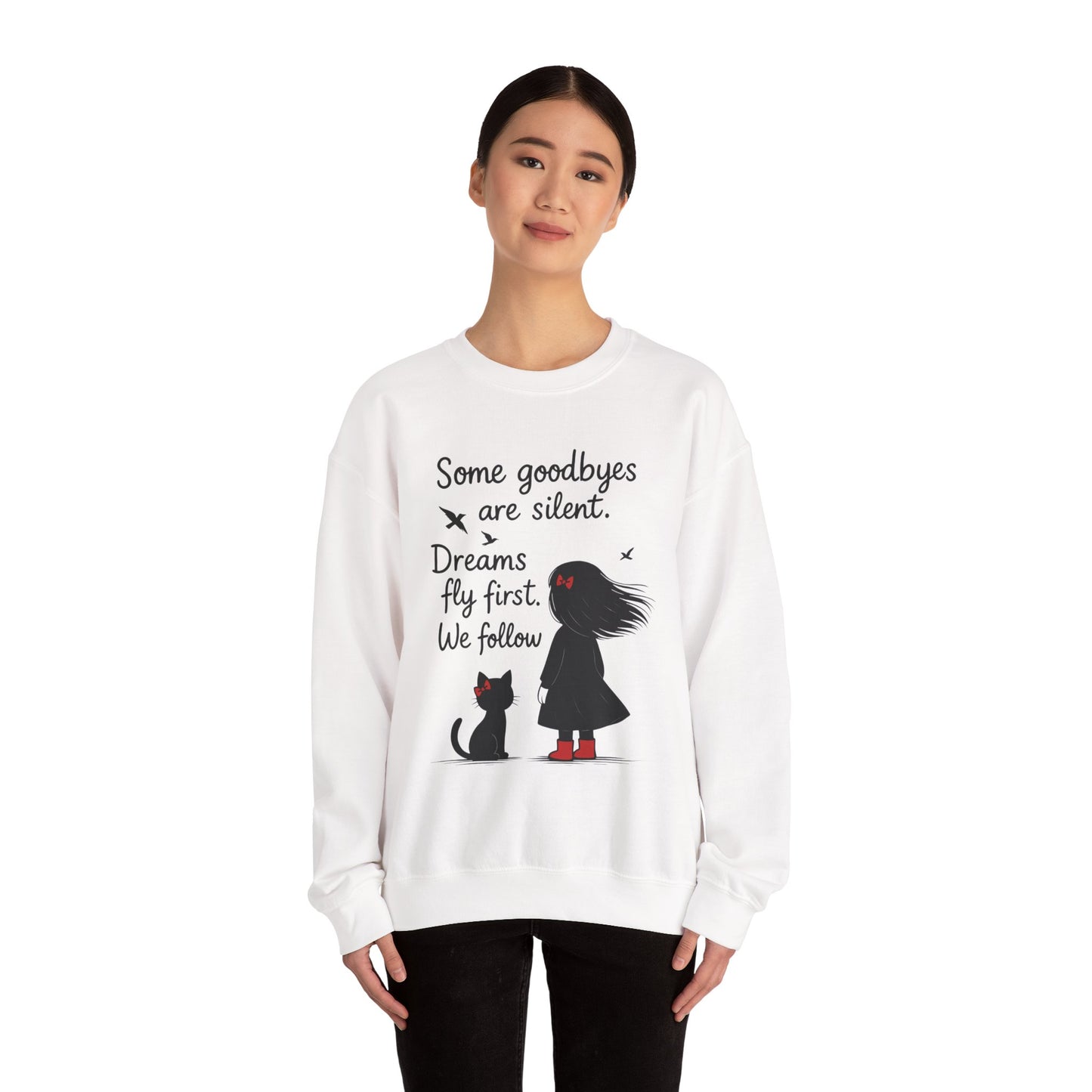 Cozy Farewell Girl & Cat Pullover, Hand Drawn Red Dress Art, Minimalist Womens Crewneck
