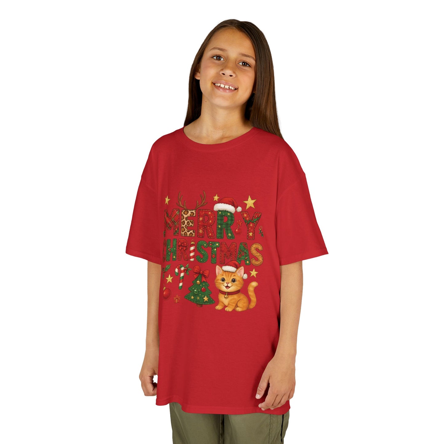 Merry Christmas Cat Shirt for Girls, Cute Holiday Kitten Tee
