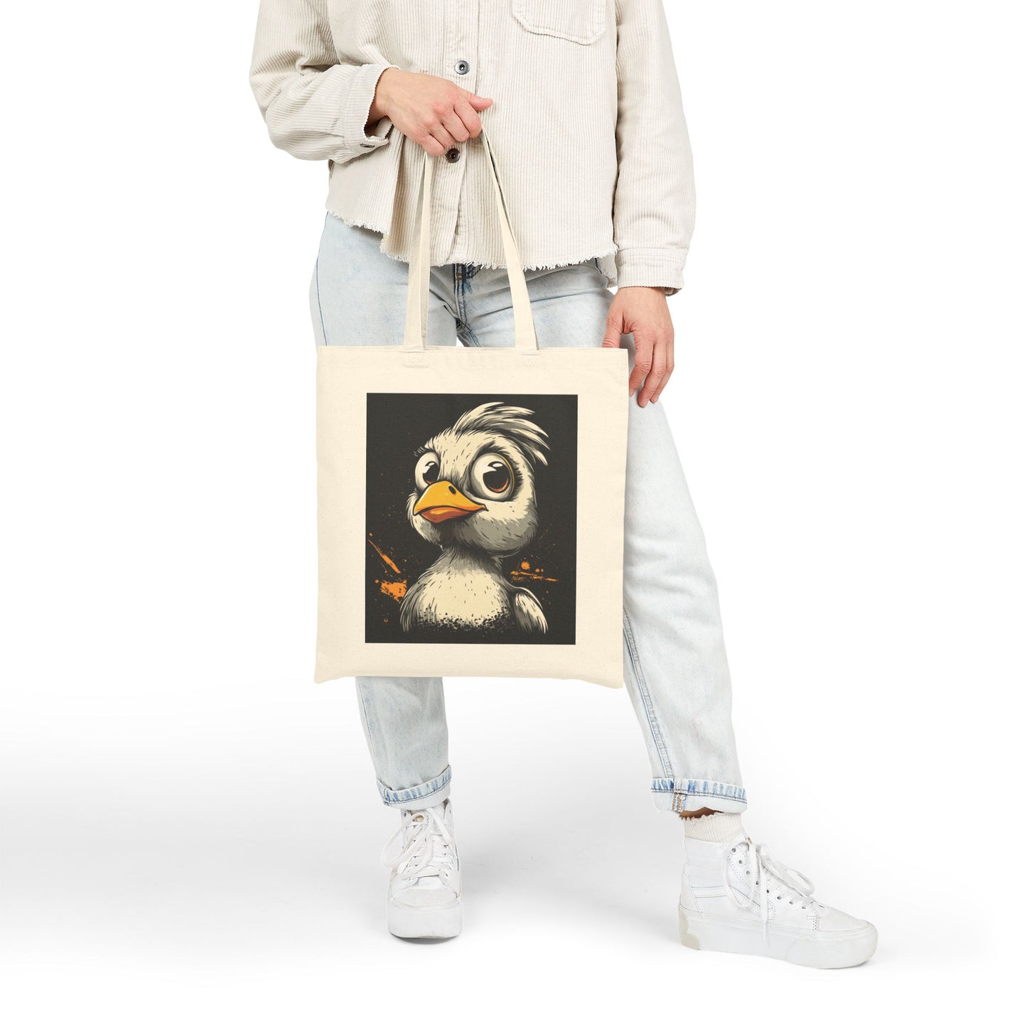 Cool Cartoon Bird Tote Bag, Funny Grumpy Duck Character Street Art Style, Bold Graphic Animal Print Canvas Bag, Cute Bird Art