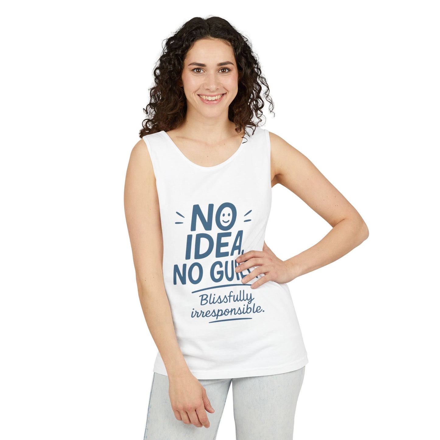 Womens No Guilt Tank Top, No Idea Funny Quote, Blissfully Irresponsible Workout Tee, Casual Sleeveless Top, Summer Activewear, Relaxed Style