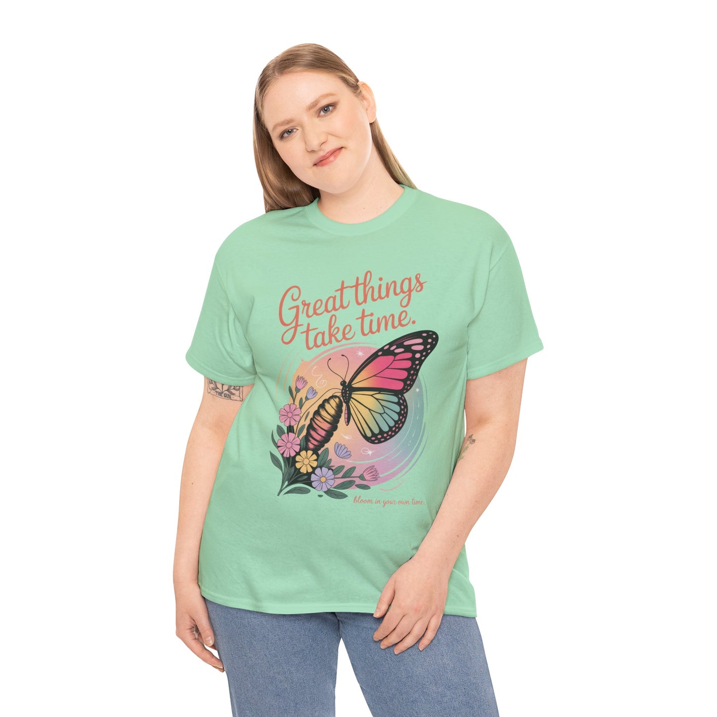 Butterfly Motivational Women's Heavy Cotton Tee, Great Things Take Time Shirt, Gift for Nature Lovers, Inspirational Apparel, Summer Outfit